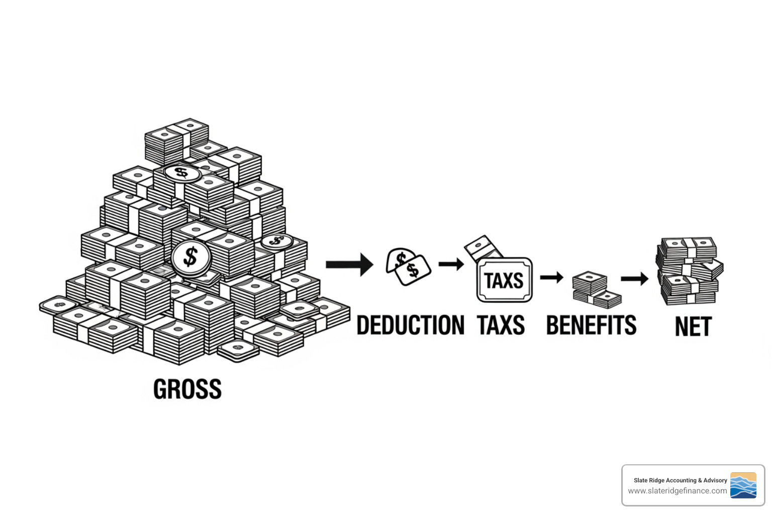 flowchart showing Gross Pay to Net Pay - payroll accounting for small business