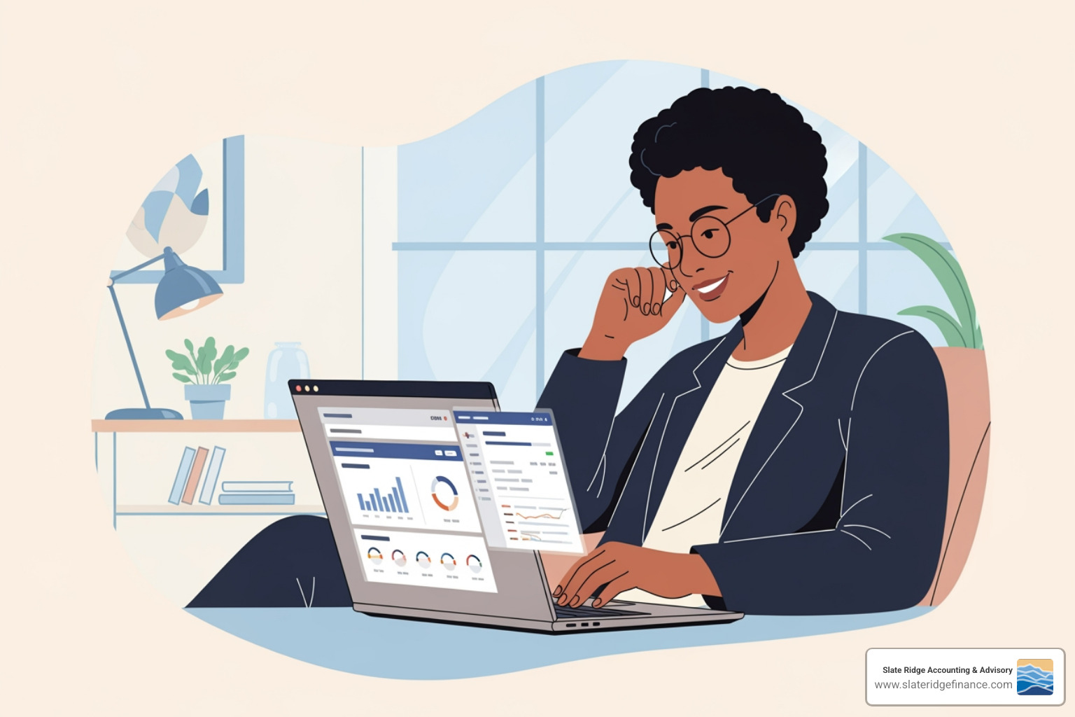 small business owner looking relaxed reviewing finances on a laptop - Modern bookkeeping services