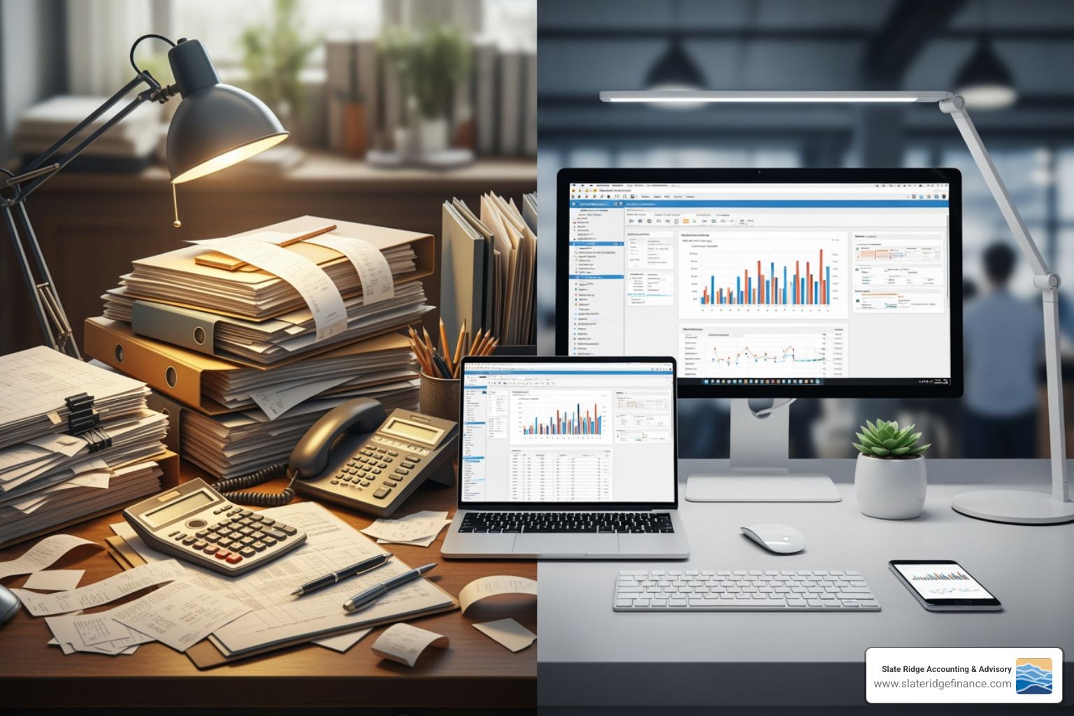 cluttered desk with paper ledgers and a streamlined digital workspace - Modern bookkeeping services