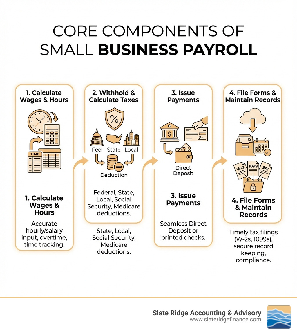 infographic showing four main components of payroll: 1) Calculate wages and hours worked, 2) Withhold and calculate federal, state, and local taxes, 3) Issue payments via direct deposit or check, 4) File tax forms and maintain records - payroll services for small business near me infographic 