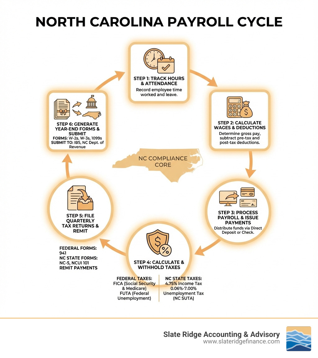 Infographic showing the payroll cycle: Step 1 - Track employee hours and attendance; Step 2 - Calculate gross wages and deductions; Step 3 - Process payroll and issue payments via direct deposit or check; Step 4 - Calculate and withhold federal taxes (FICA, FUTA) and NC state taxes (4.75% income tax, 0.06-7.00% unemployment tax); Step 5 - File quarterly tax returns (Federal 941, NC-5, NCUI 101) and remit payments; Step 6 - Generate year-end tax forms (W-2s, W-3s, 1099s) and submit to IRS and NC Department of Revenue - North Carolina payroll service infographic 
