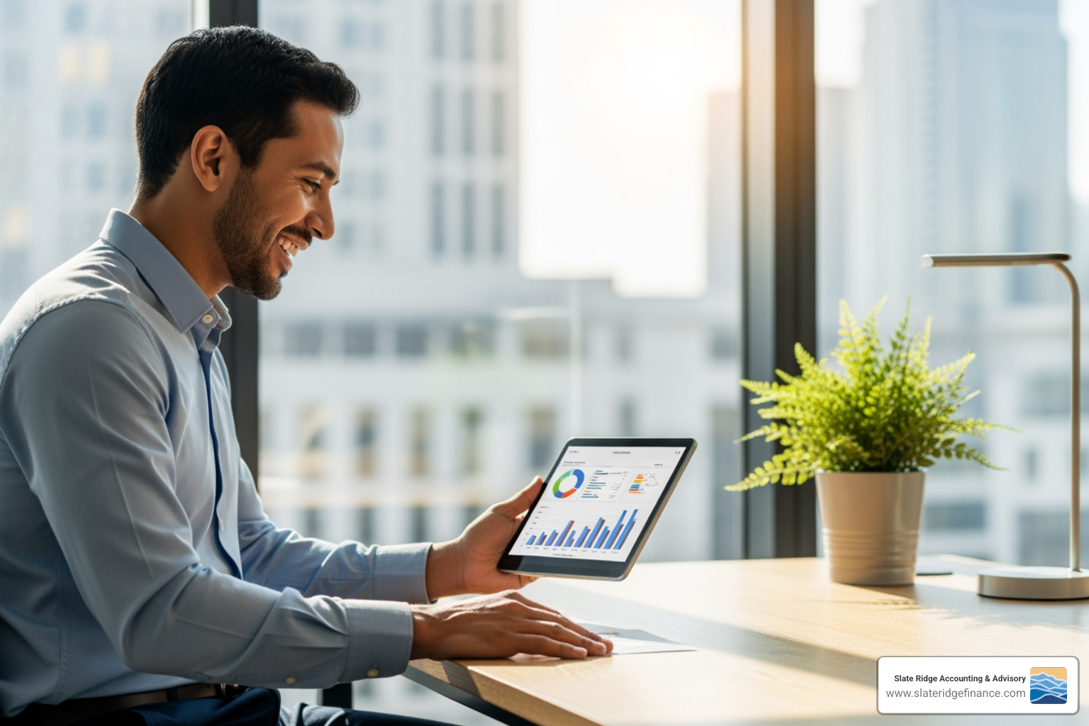 happy small business owner reviewing financials on a tablet - automated payroll system happy small business owner reviewing financials on a tablet - automated payroll system