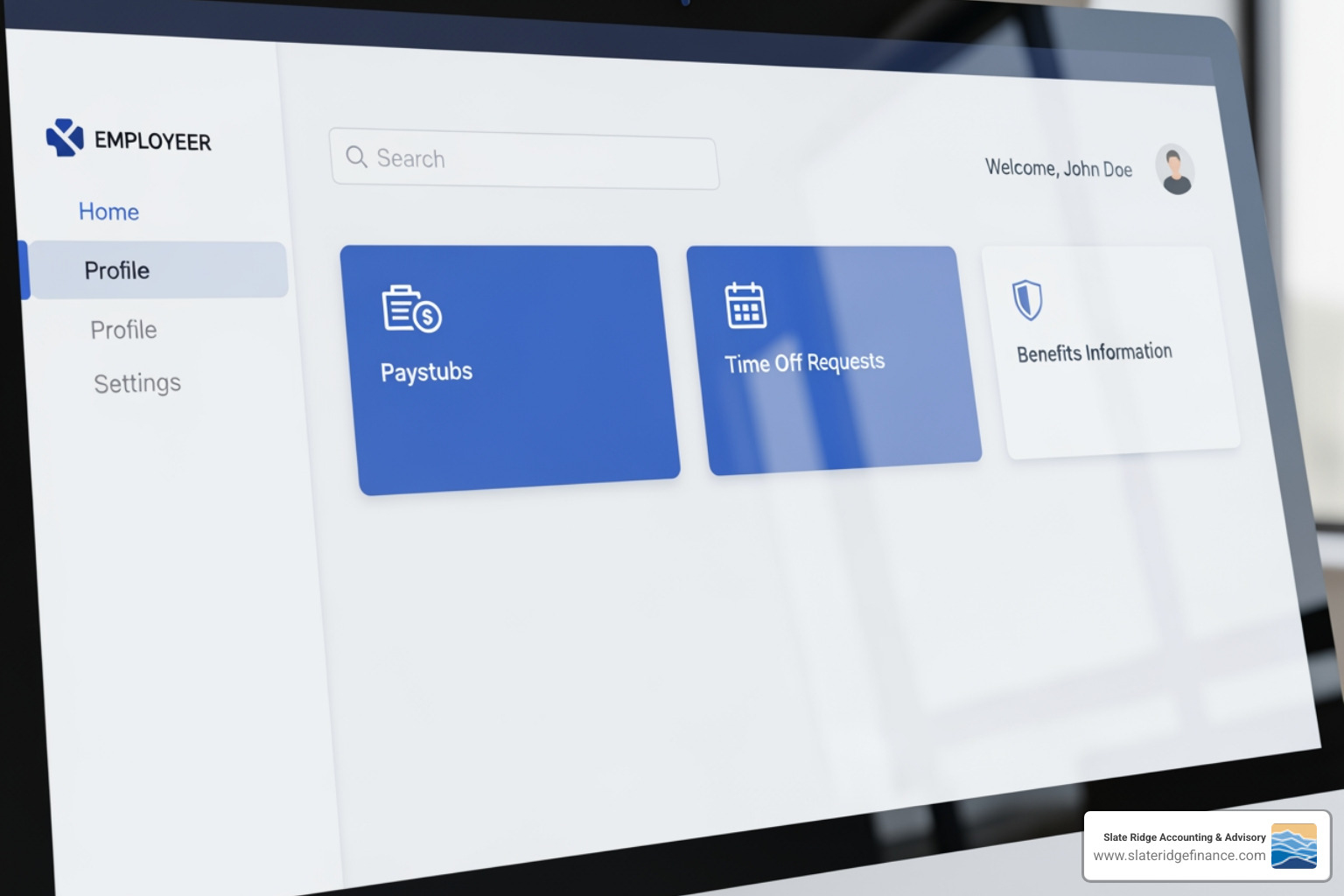 Software interface showing employee self-service portal with options for paystubs, time off requests, and benefits information - payroll billing software
