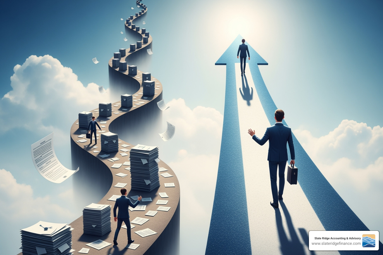 Graph showing business growth vs. time spent on admin tasks, with outsourced accounting reducing admin time - accounting outsourcing