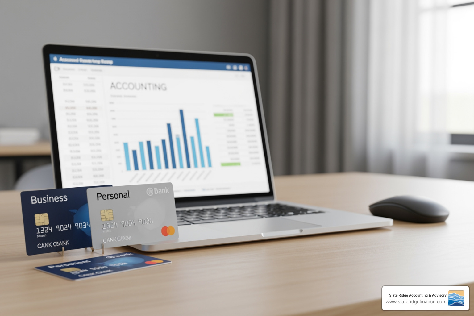 Clean desk with separate business and personal bank cards and a laptop showing accounting software - Financial planning small business