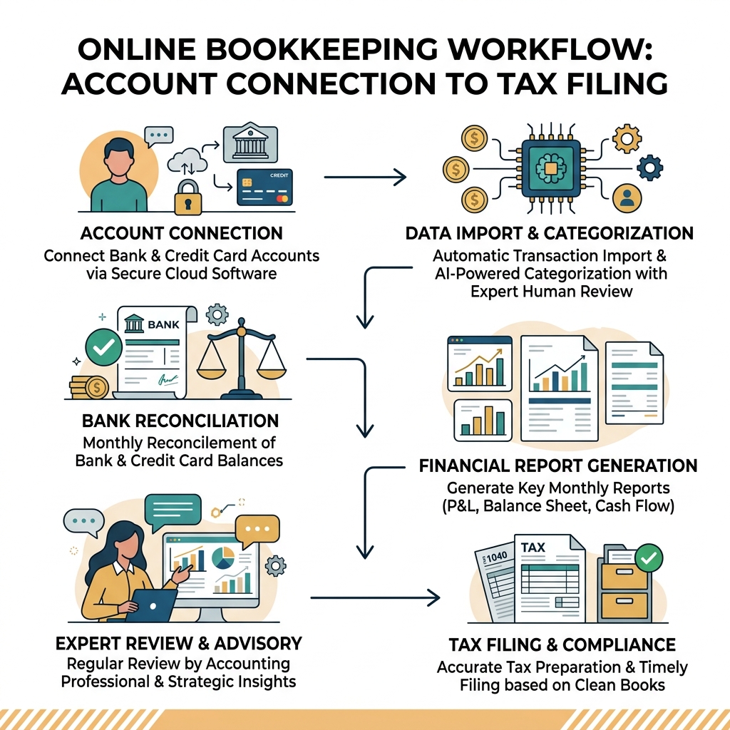 Online bookkeeping workflow from account connection to monthly reports and tax filing - bookkeeping and accounting services