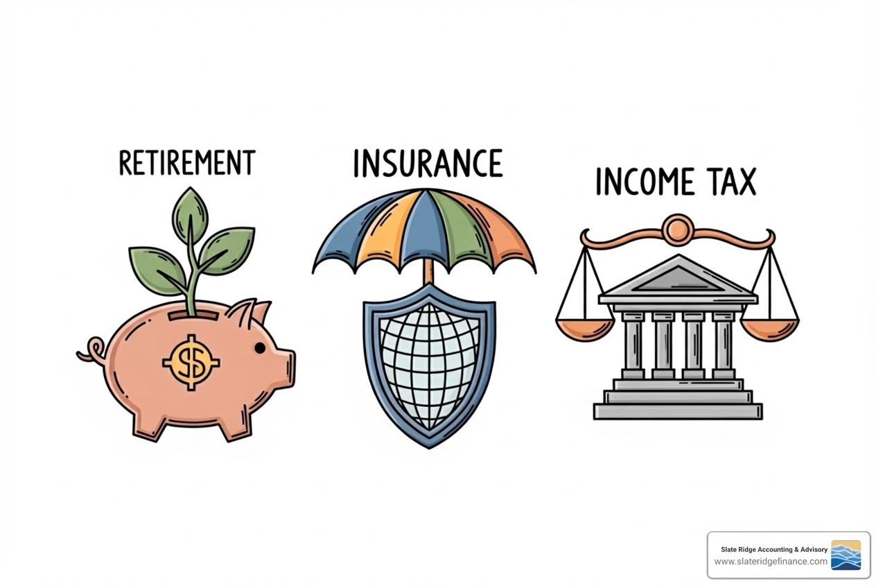 Icons representing CPP, EI, and Income Tax - calculating payroll taxes