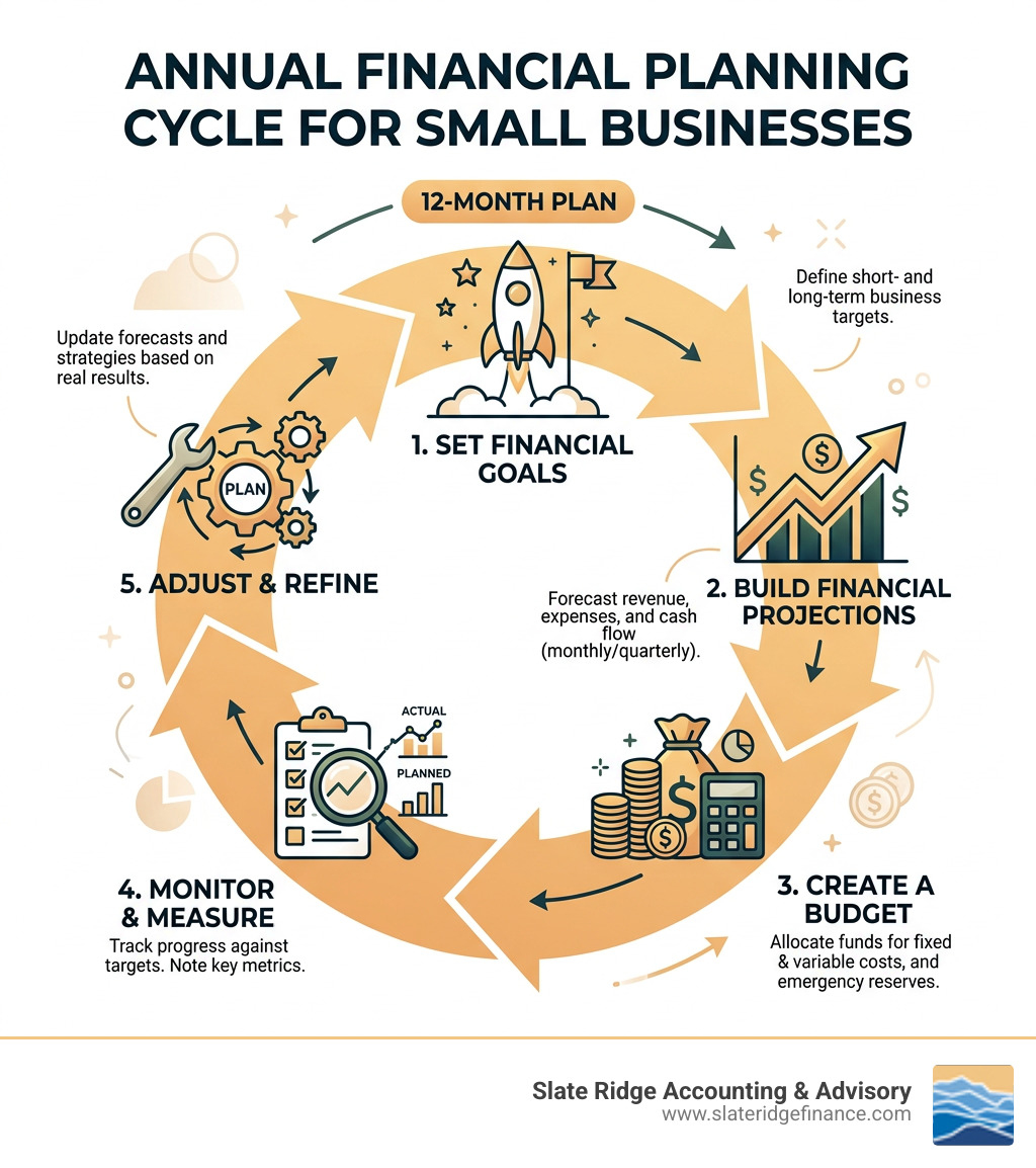 Annual financial planning cycle for small businesses: goals, projections, budgeting, monitoring, adjustment - financial