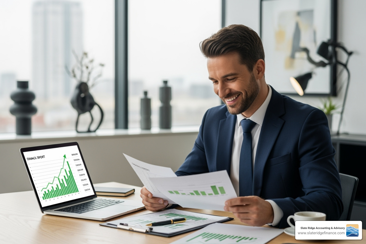 of a business owner looking relieved while reviewing a positive financial report - Virtual accounting firm