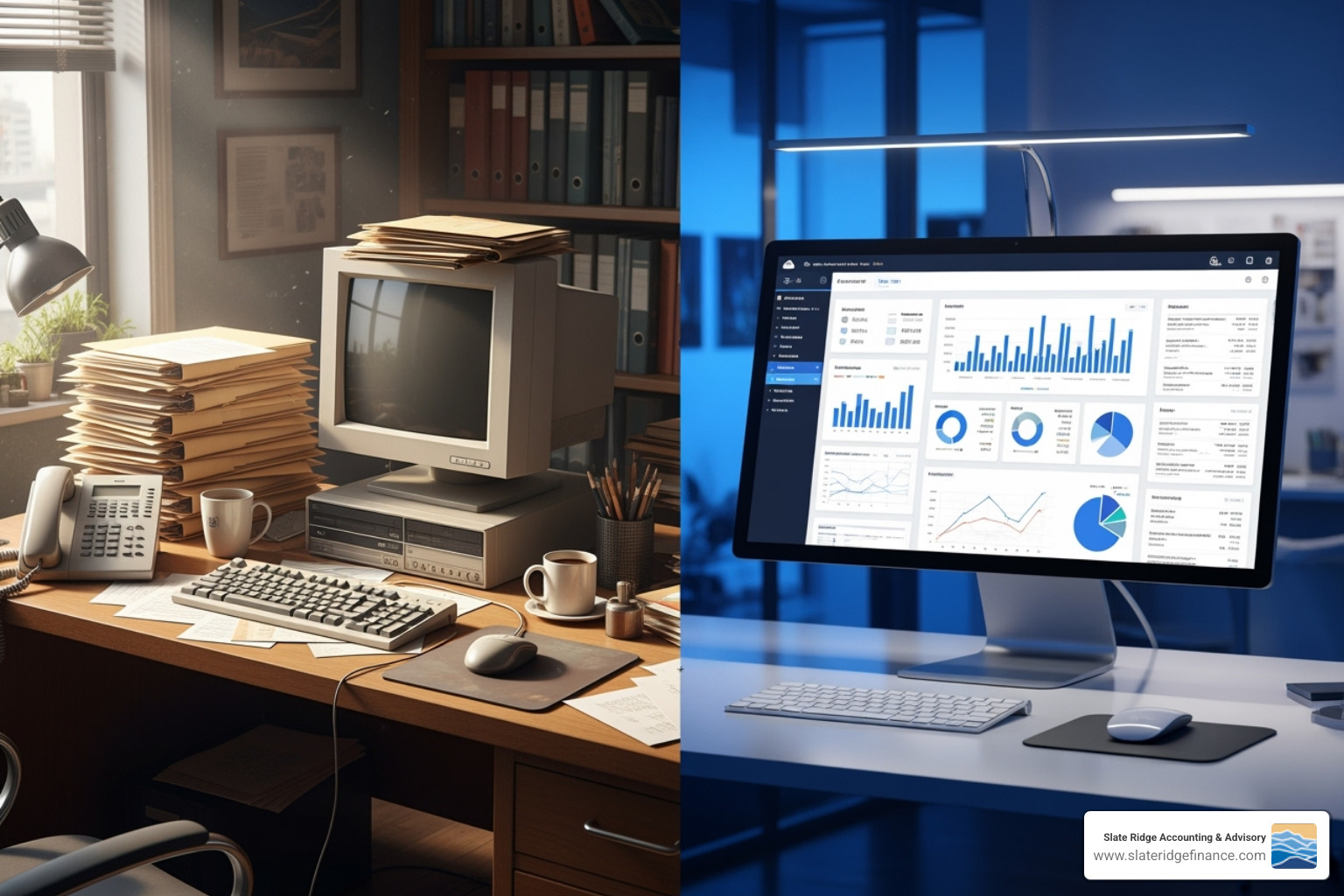 of a split screen showing a traditional office on one side and a cloud-based dashboard on the other - Virtual accounting firm