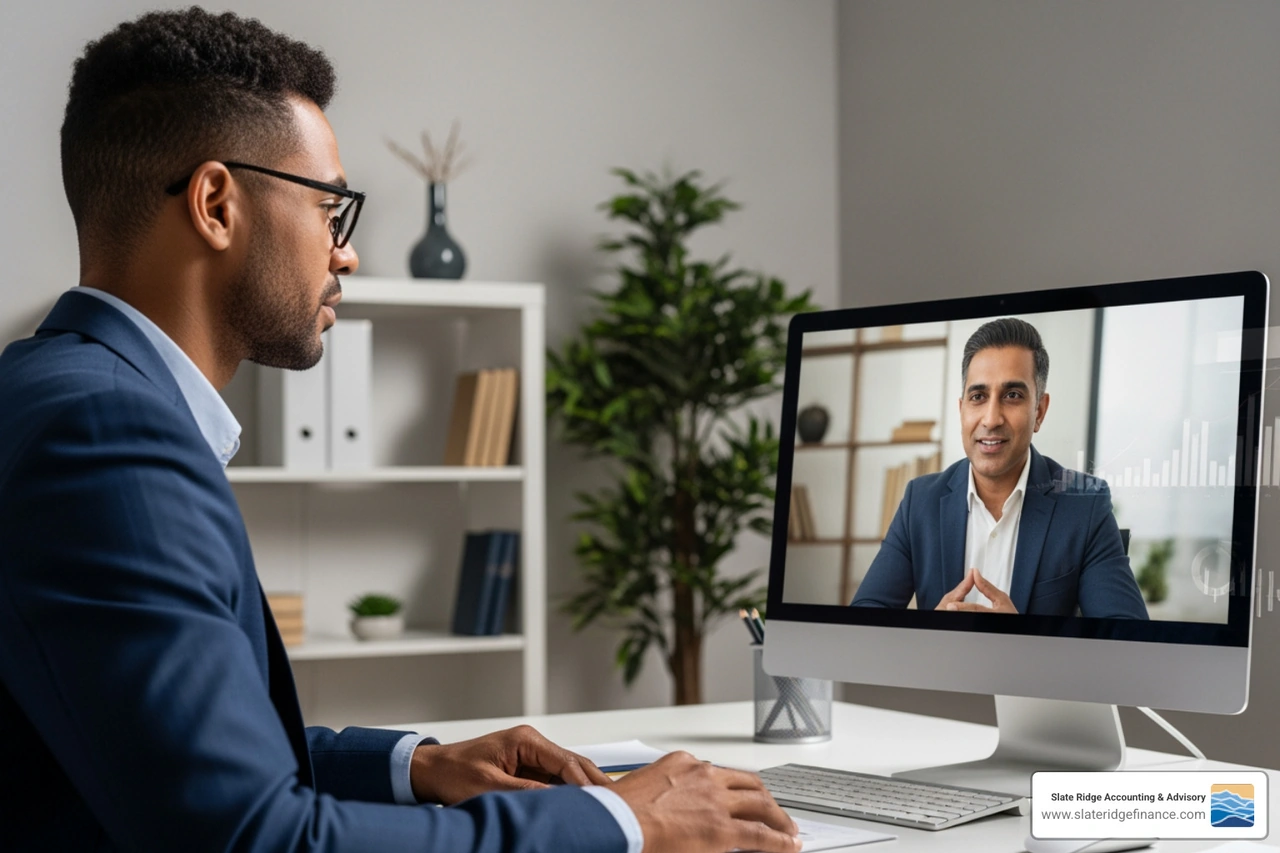 A person on a video call with a financial advisor, discussing business finances - outsourced bookkeeping services near me A person on a video call with a financial advisor, discussing business finances - outsourced bookkeeping services near me