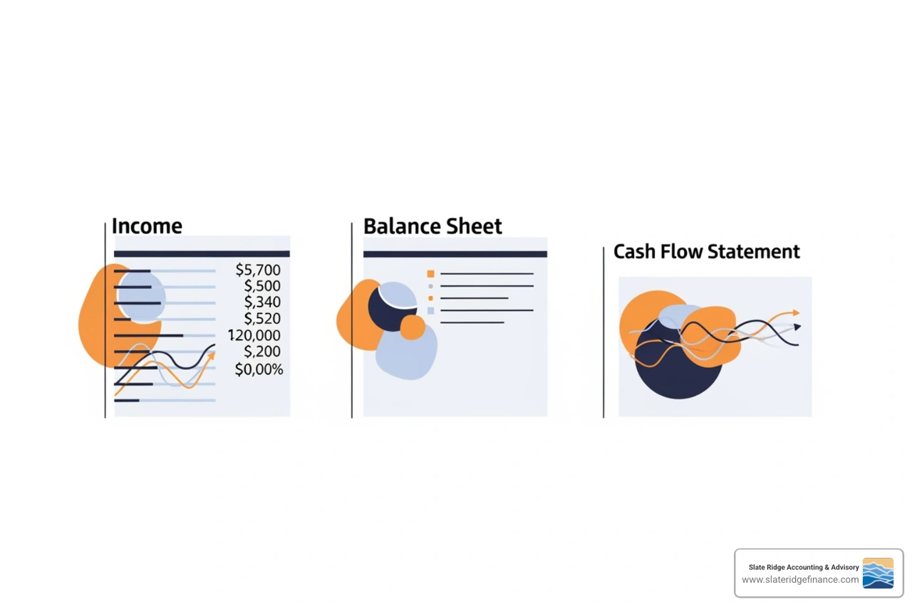 simplified examples of Income Statement, Balance Sheet, and Cash Flow Statement - bookkeeping for entrepreneurs