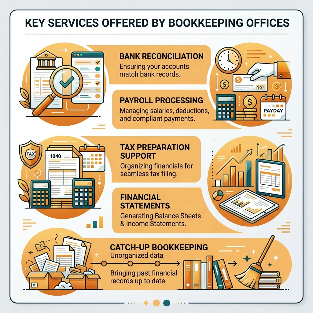 Infographic showing key services offered by bookkeeping offices: reconciliation, payroll, tax prep, financial statements