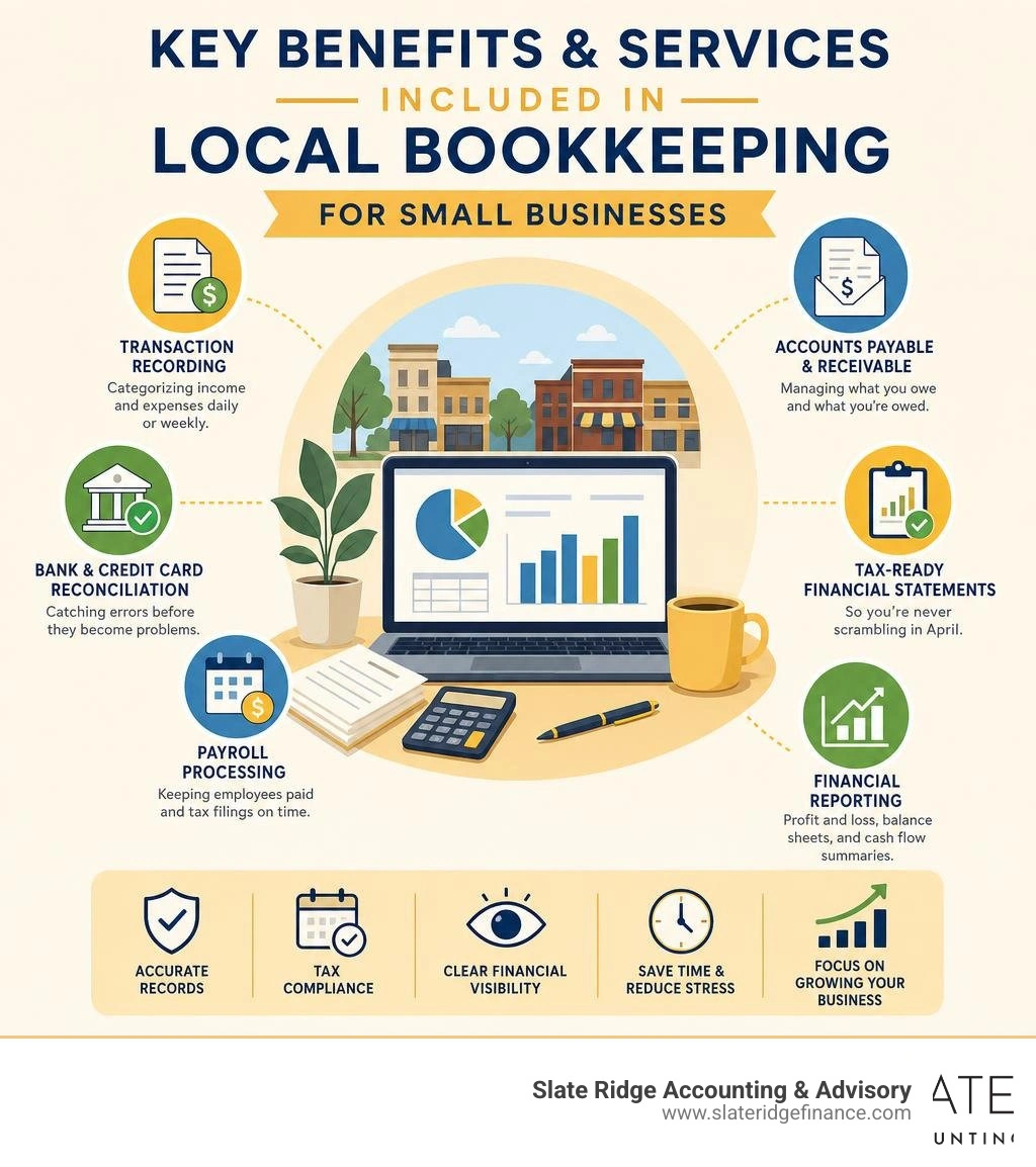 Key benefits and services included in local bookkeeping for small businesses infographic infographic