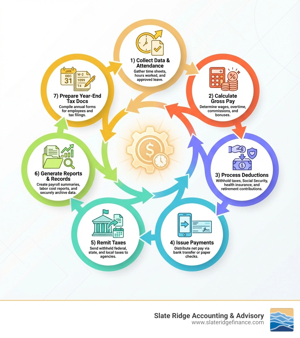 Infographic showing the typical payroll cycle: 1) Collect employee time and attendance data, 2) Calculate gross pay including overtime and bonuses, 3) Process deductions for taxes and benefits, 4) Issue payments via direct deposit or check, 5) Remit taxes to government authorities, 6) Generate reports and maintain records, 7) Prepare year-end tax documents - accounting firm payroll infographic 