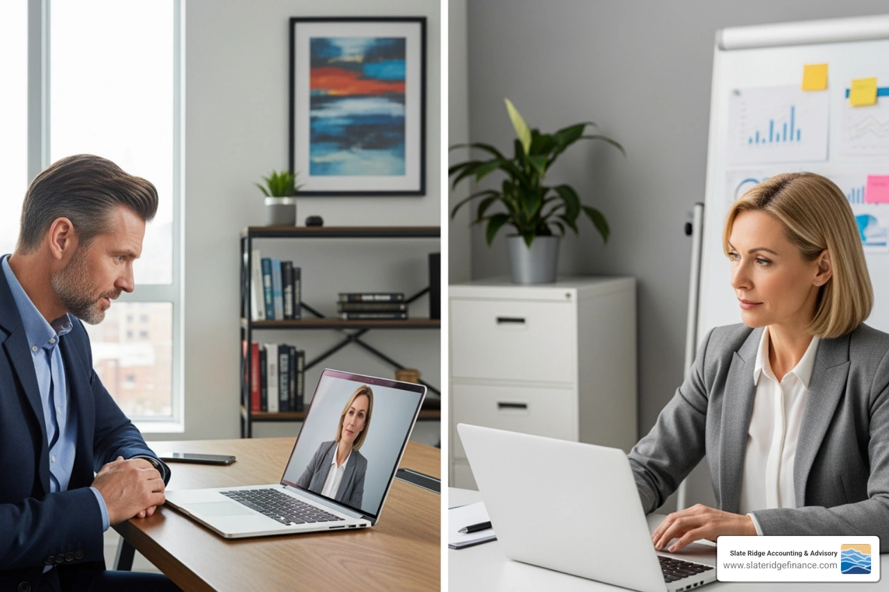 business owner collaborating with an accountant over a video call - accounting firm payroll