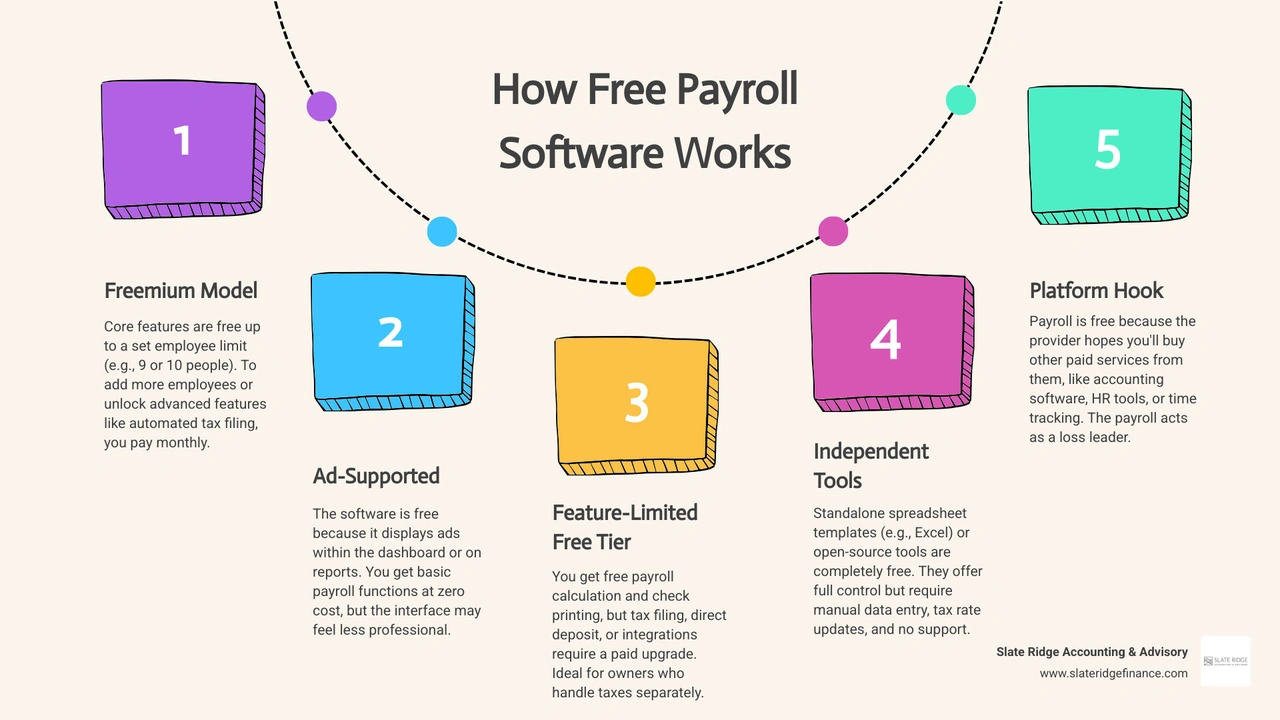 How free payroll software works: business models, employee limits, and feature comparison infographic How free payroll software works: business models, employee limits, and feature comparison infographic