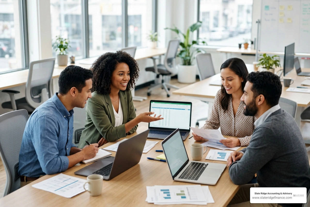 Modern accounting team delivering virtual bookkeeping and financial advisory services Modern accounting team delivering virtual bookkeeping and financial advisory services