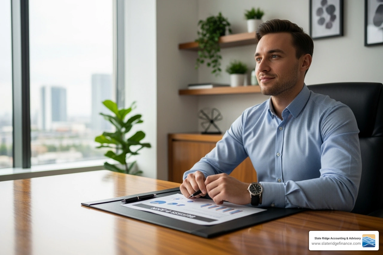 A business owner looking relaxed and focused on growth, with a clear, calm expression - accounts payable outsourcing