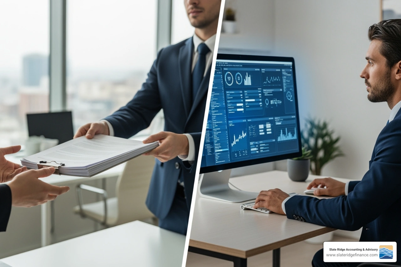 Image comparing a person handing off a task (outsourcing) vs. a person using a software tool (automation) - accounts payable outsourcing