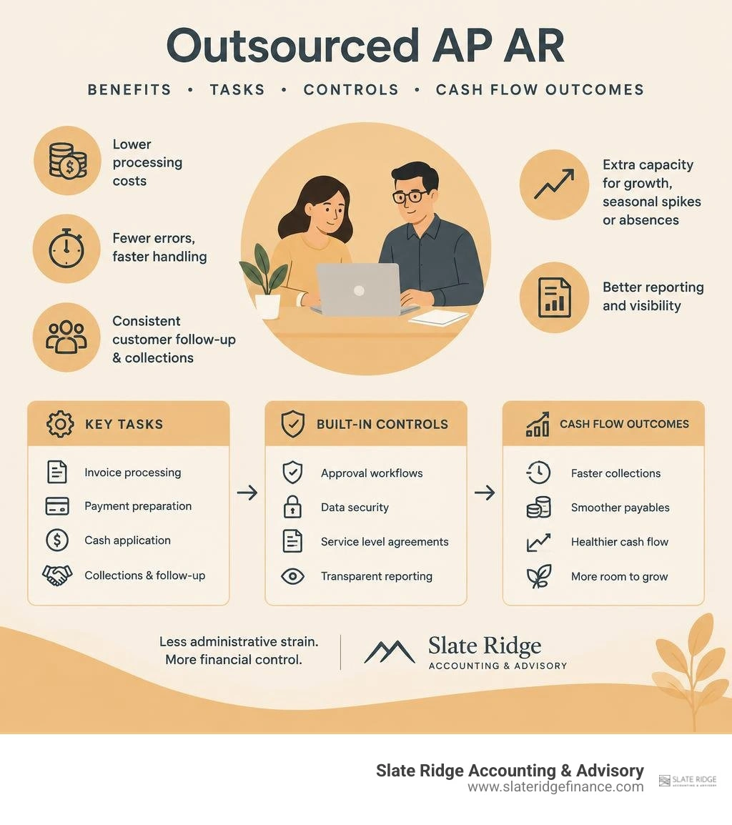 Outsourced AP AR benefits, tasks, controls, and cash flow outcomes infographic