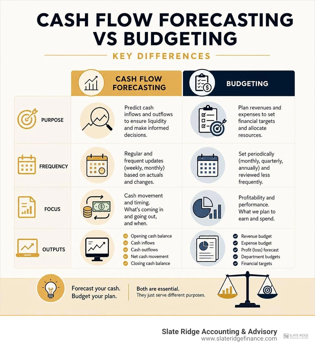 Cash flow forecasting vs budgeting: key differences, purpose, frequency, and outputs infographic Cash flow forecasting vs budgeting: key differences, purpose, frequency, and outputs infographic