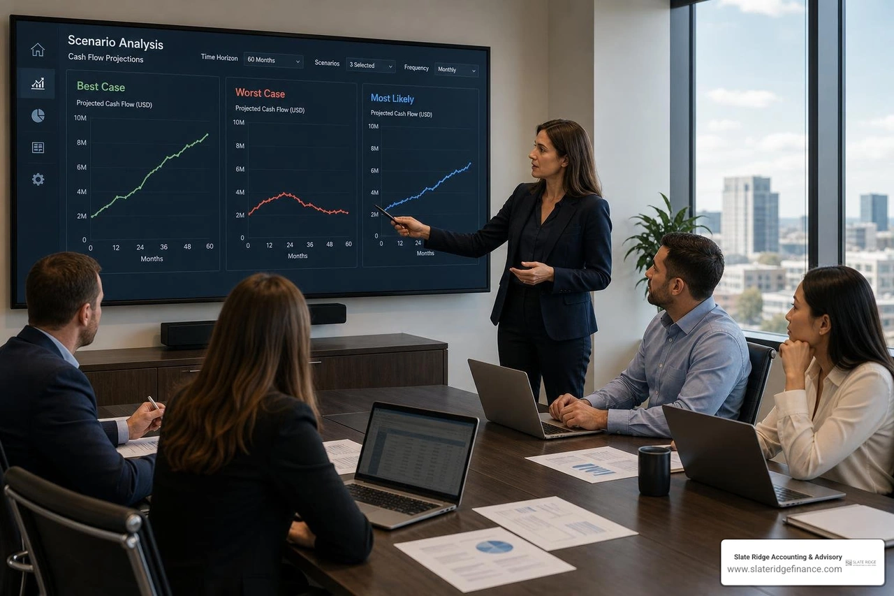 A scenario analysis dashboard showing best-case, worst-case, and most-likely cash flow projections A scenario analysis dashboard showing best-case, worst-case, and most-likely cash flow projections