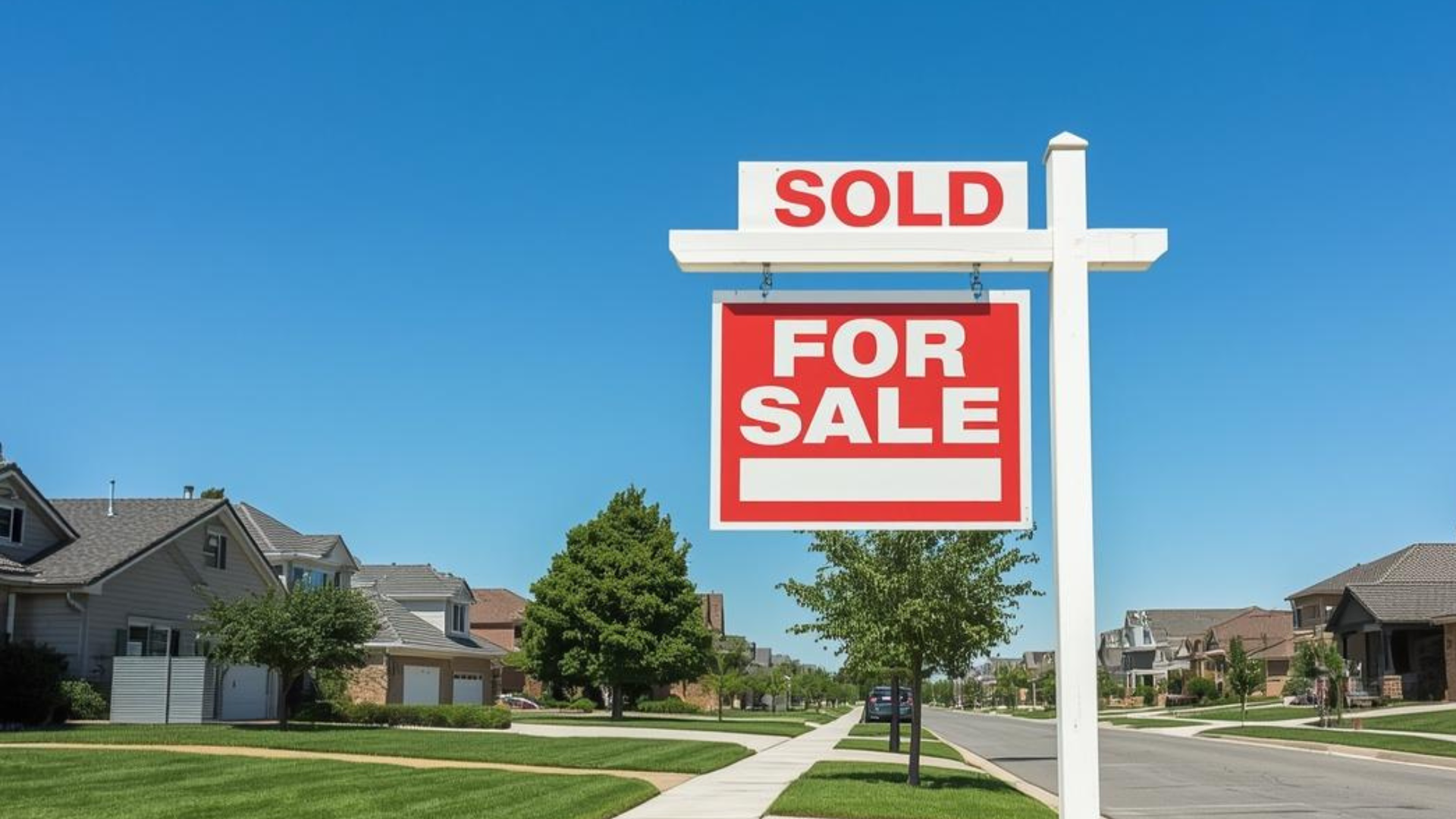For sale sign with a sold topper on a residential street