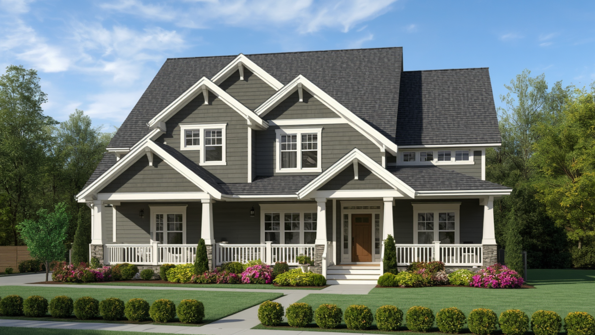 Home in the springtime showing nice curb appeal and a clear sky with minimal clouds
