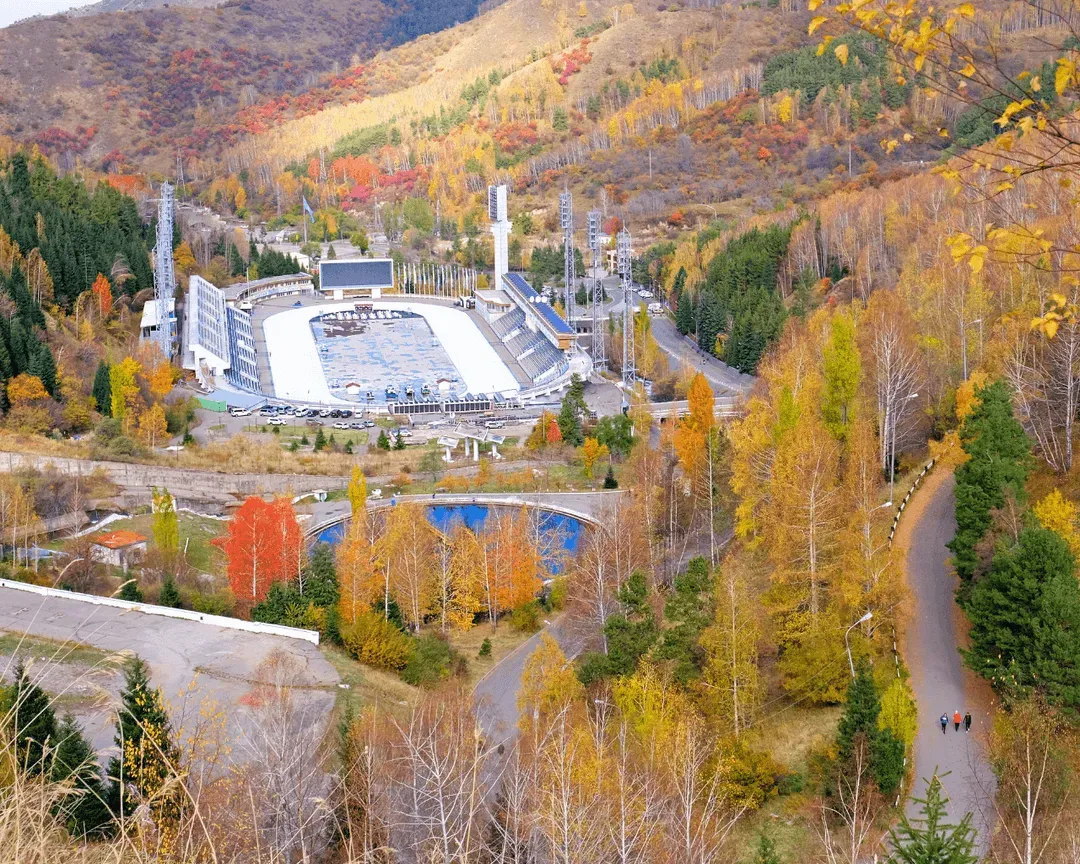 Kazakhstan Medeu Skating Rink - Aerial view of Medeu skating rink in a valley near Almaty, Kazakhstan.