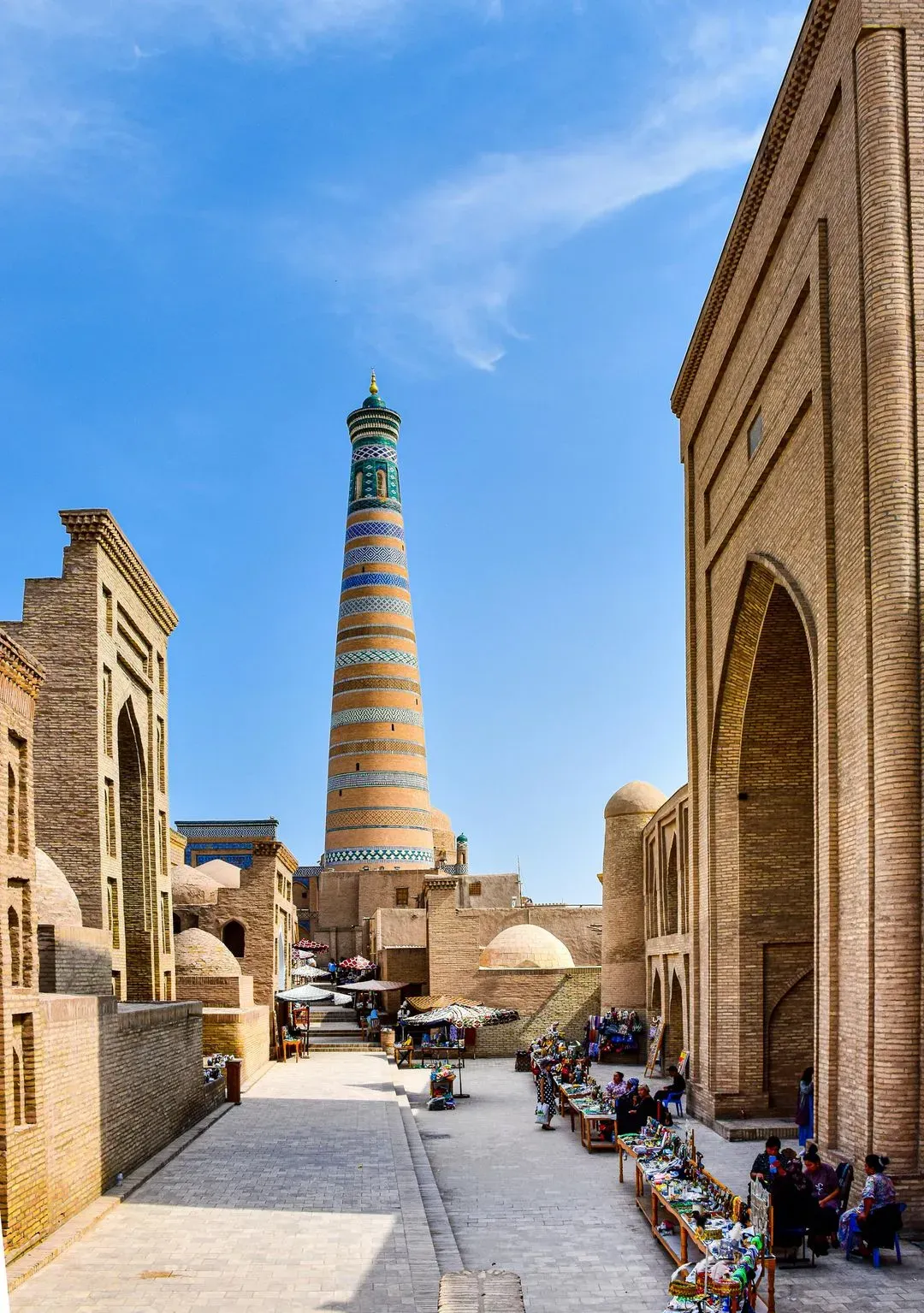 A historic minaret in Bukhara, Uzbekistan, standing tall among the old city’s vibrant streets.
