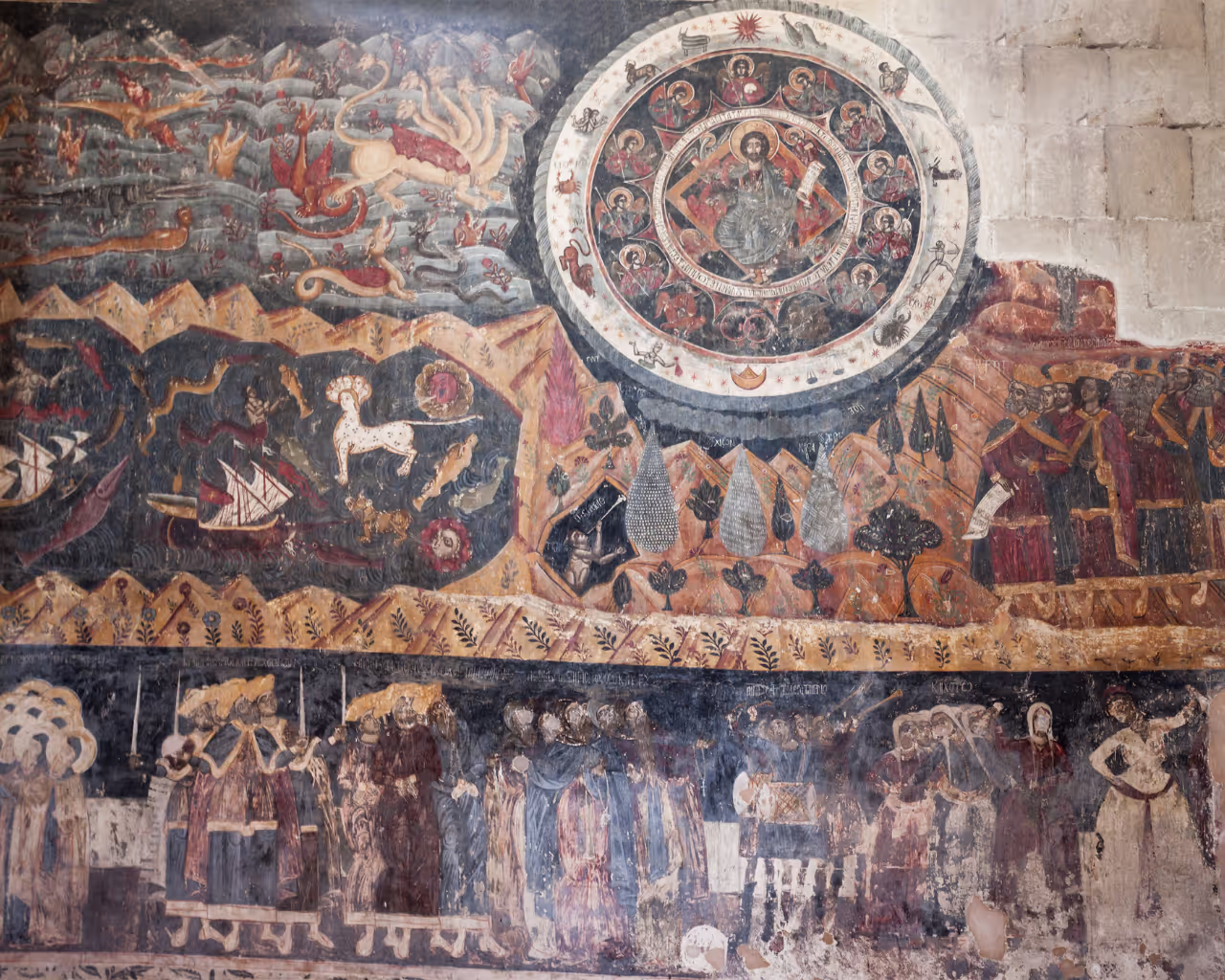 Ancient fresco inside Svetitskhoveli Cathedral in Mtskheta, Georgia, depicting biblical scenes.
