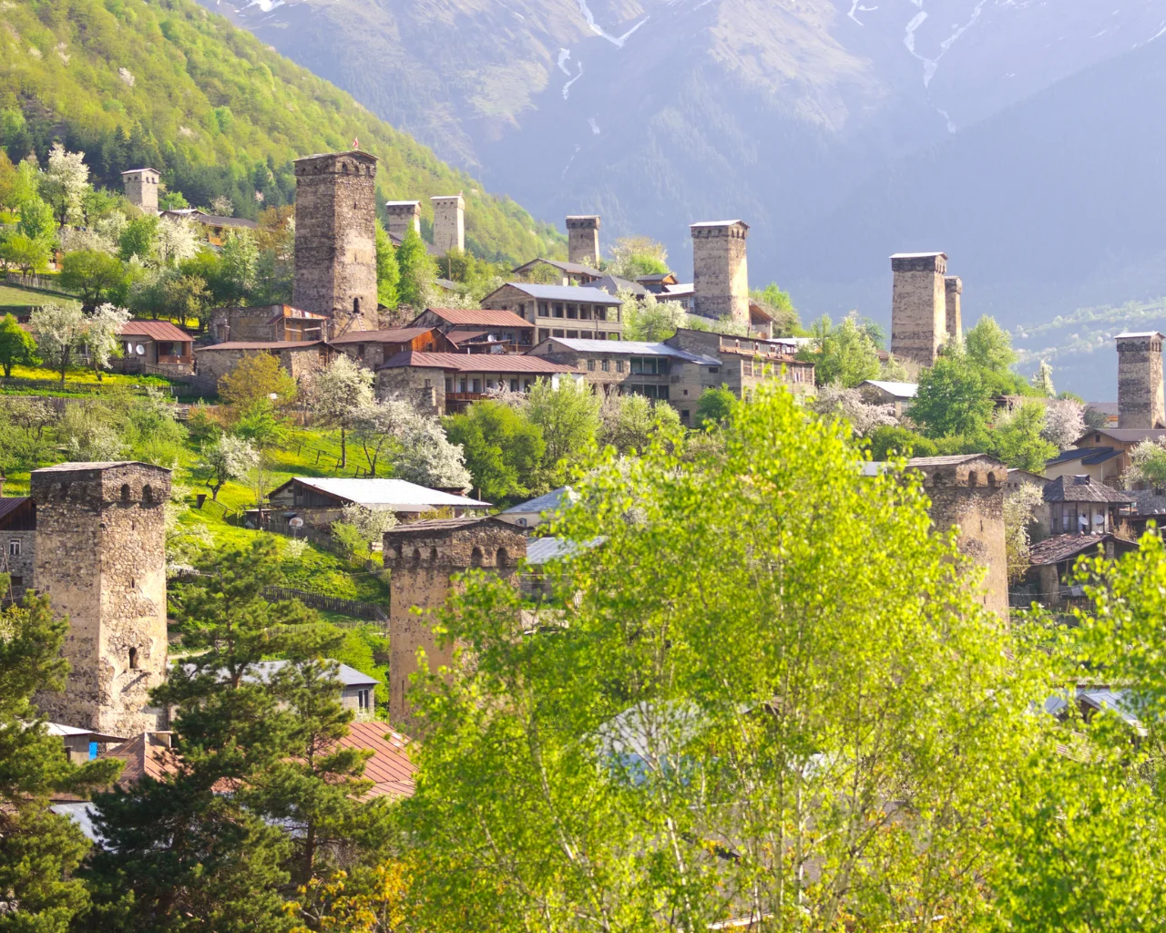 A lush green valley with medieval stone watchtowers in Svaneti, Georgia, set against a backdrop of forested mountains.