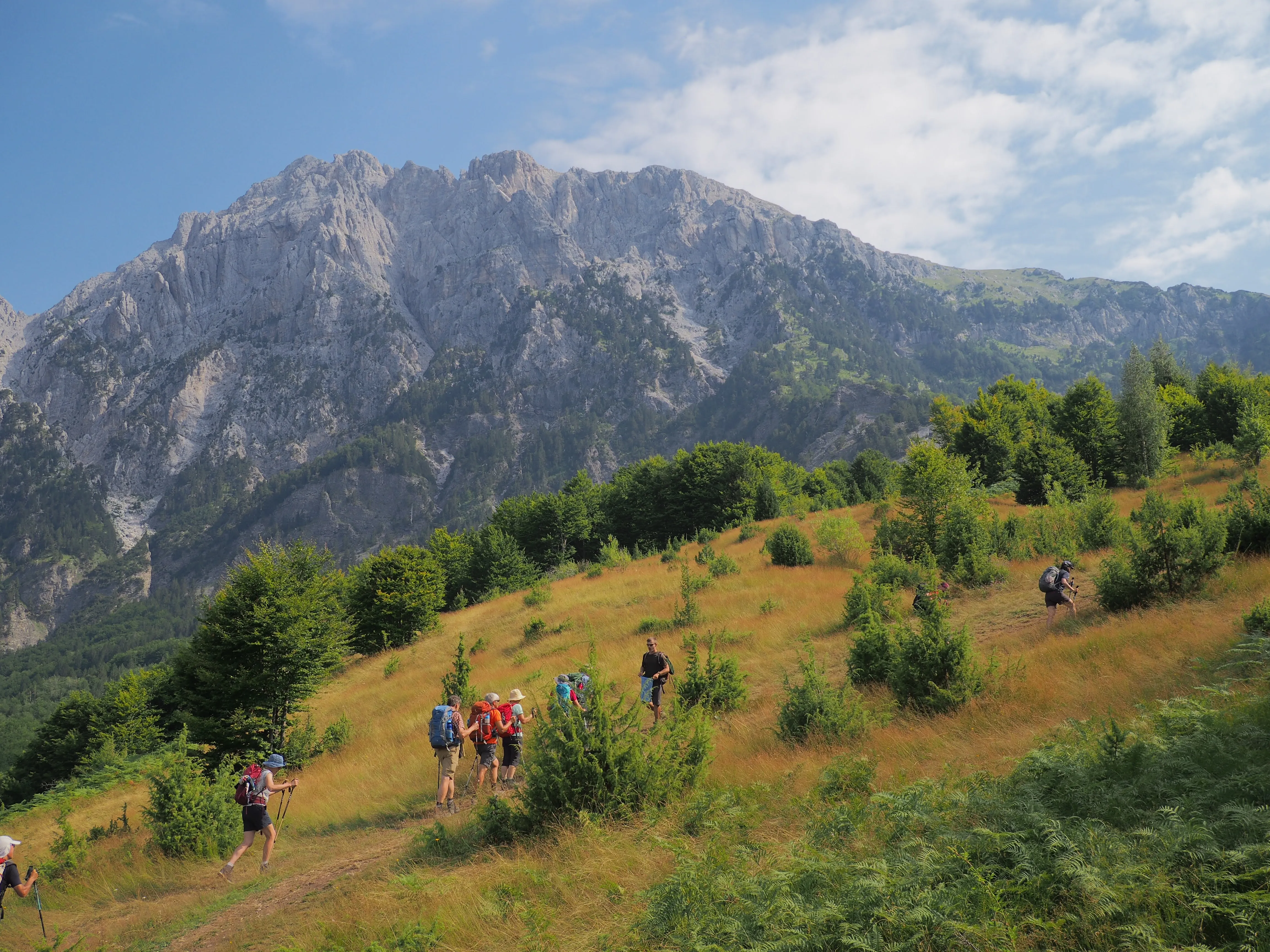 Hikers trekking through golden meadows in Theth, Albania, with towering rocky peaks in the background.