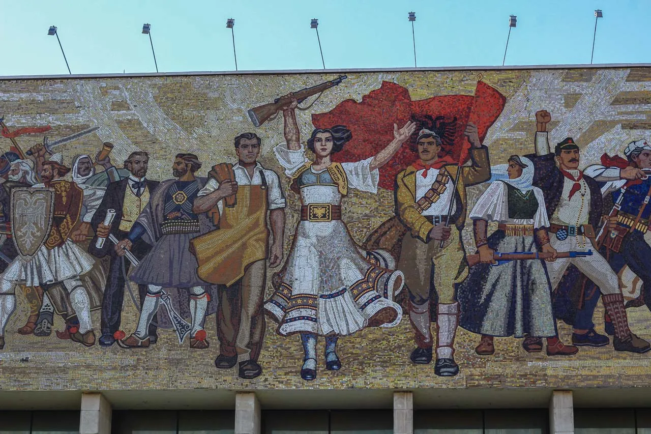 The Skanderbeg mural in Tirana, Albania, depicting national heroes and resistance fighters in a grand mosaic artwork.