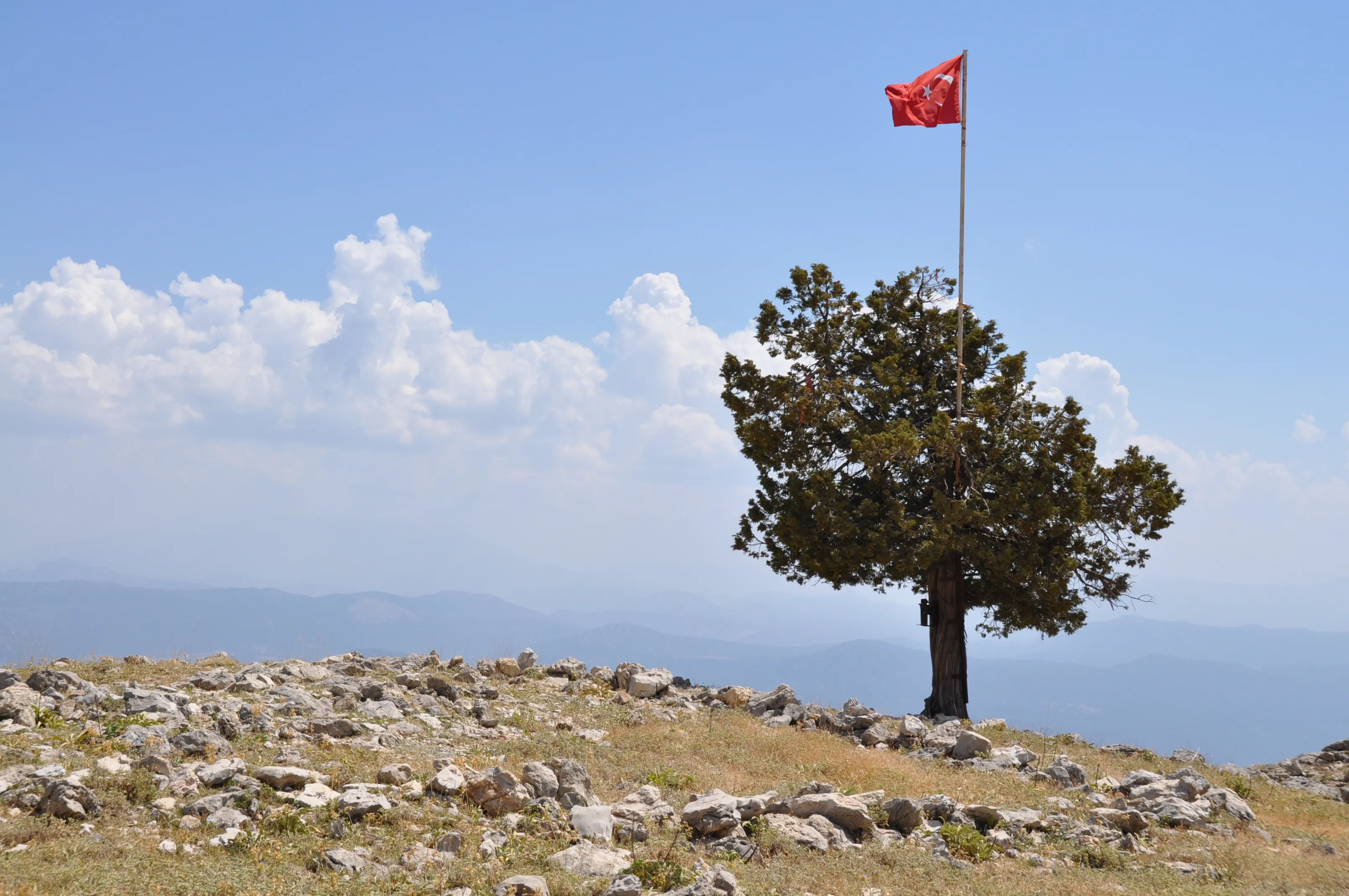 St. Paul Trail – A tree with a Turkish flag stands tall on a rocky hilltop with a backdrop of mountains and clouds.
