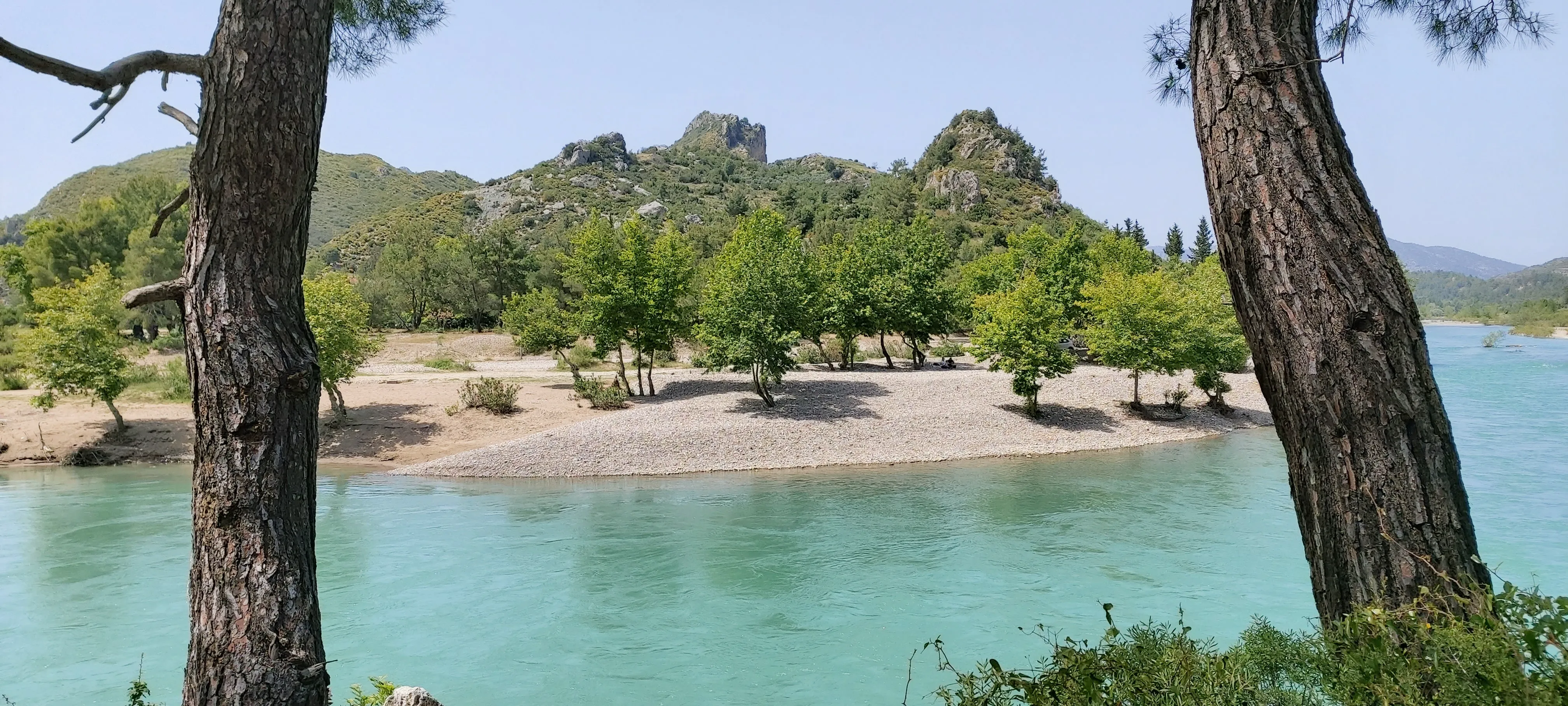 Köprülü River, Turkey – The turquoise waters of the Köprülü River flow past a green landscape framed by tall pine trees.