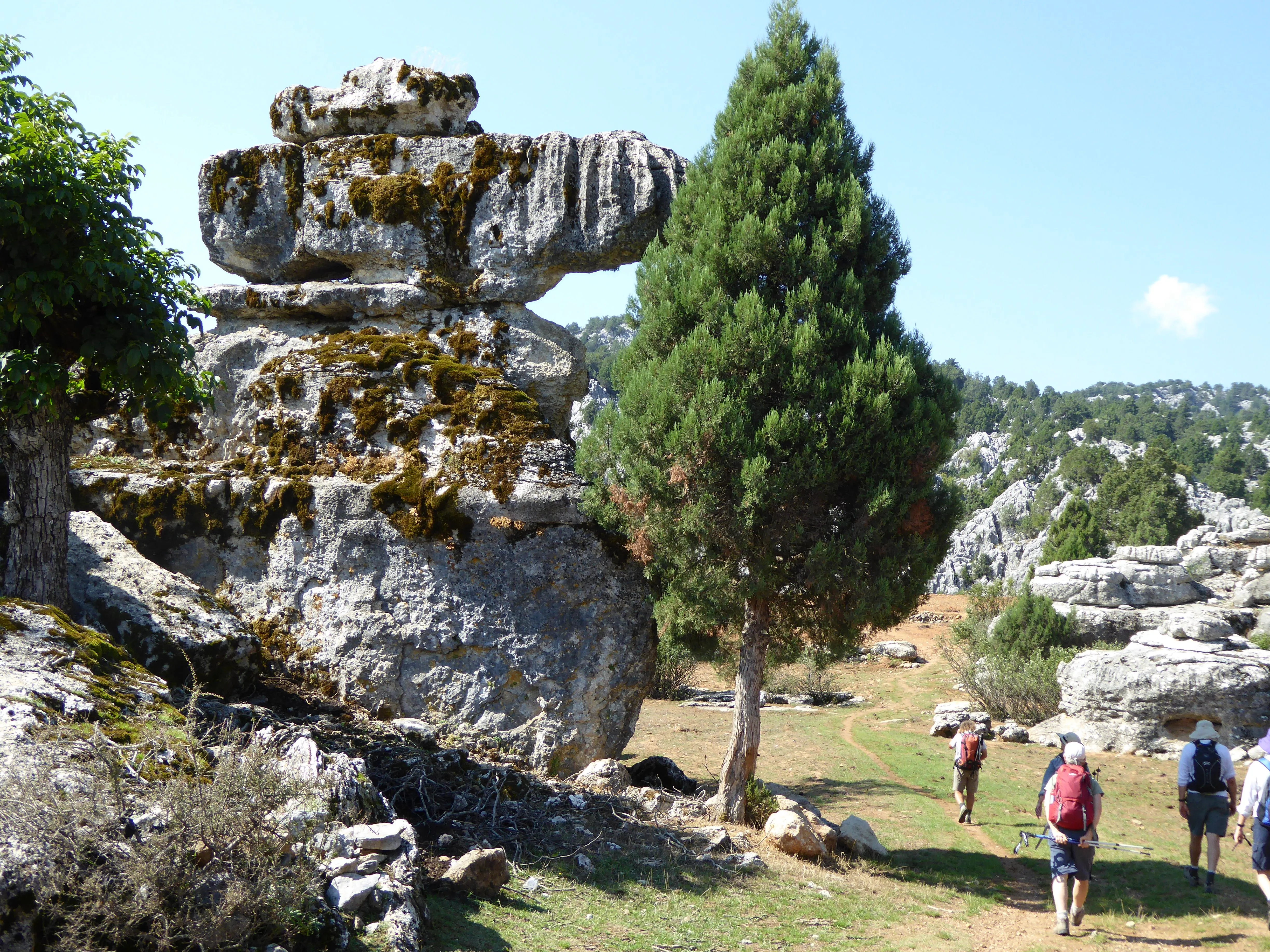 Caltepe to Selge hike – Hikers walk along a rugged trail past moss-covered rock formations and pine trees in Turkey.