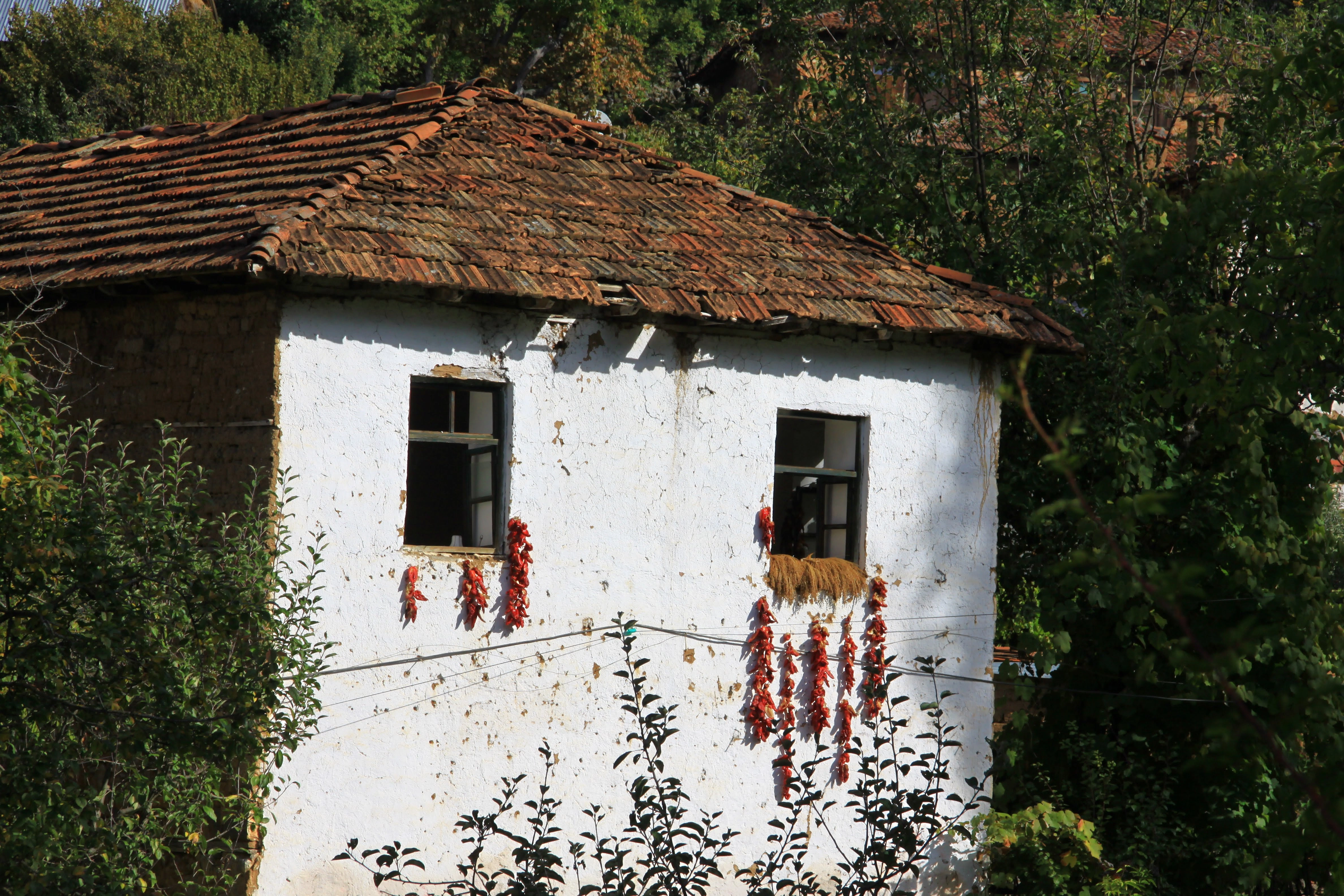 An old white-washed house with dried red peppers hanging outside in a remote village.