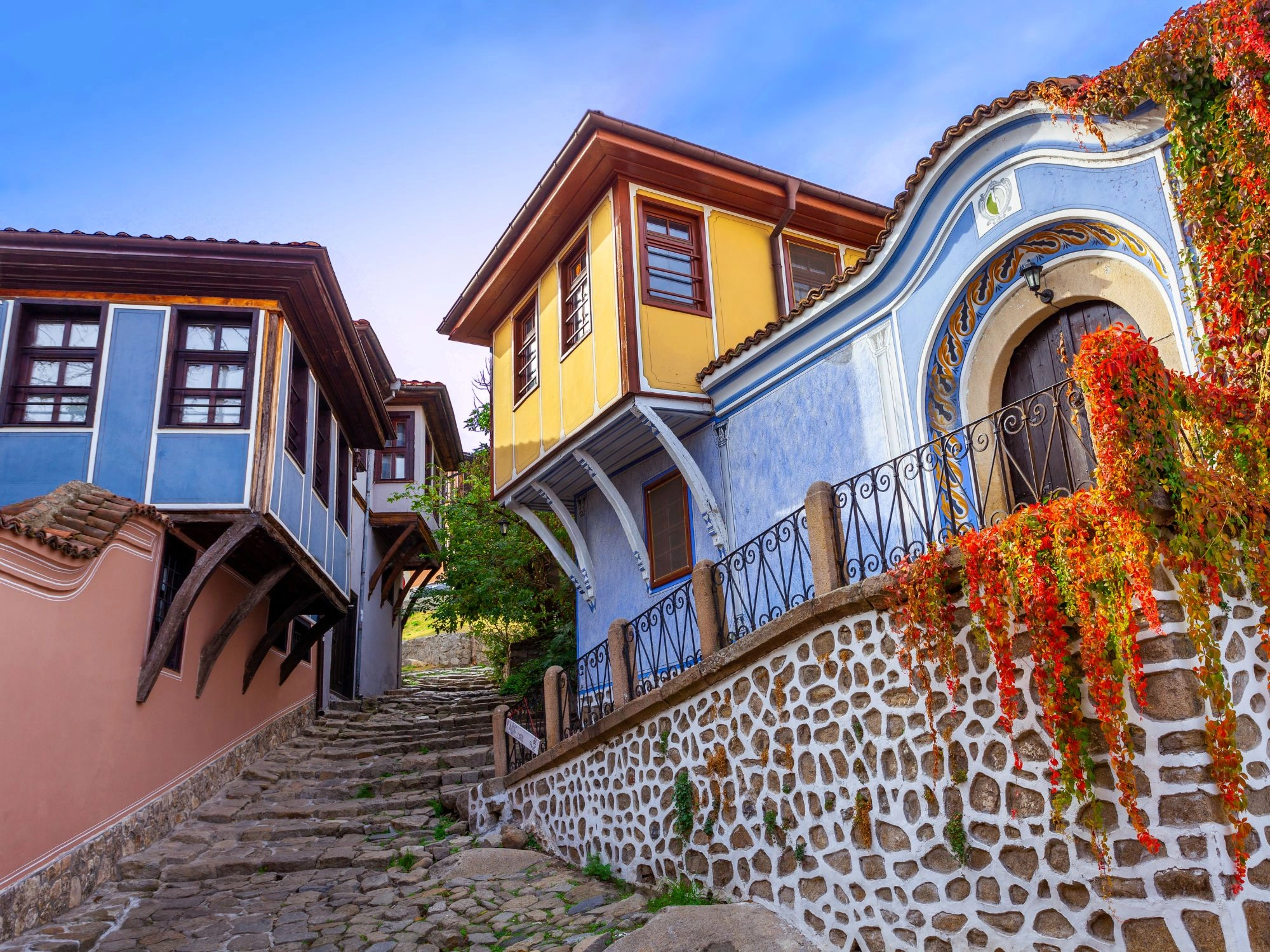 Colorful 19th-century Bulgarian Revival houses in Plovdiv’s cobbled Old Town.