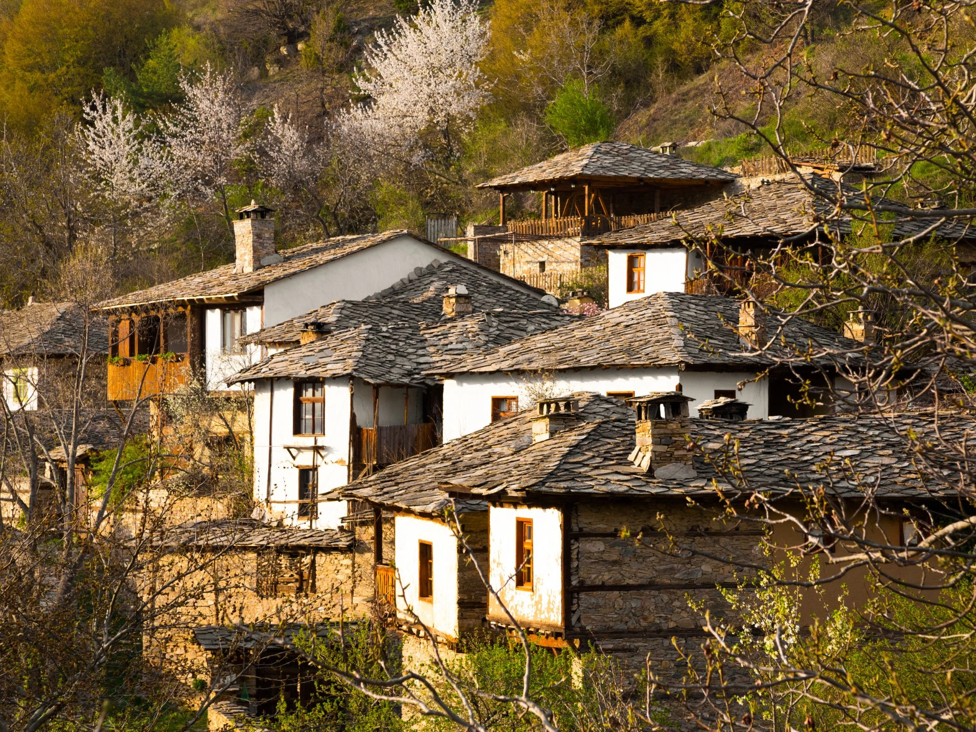 Leshten Village, Bulgaria - Traditional stone-roofed houses in the scenic mountain village of Leshten, Bulgaria.
