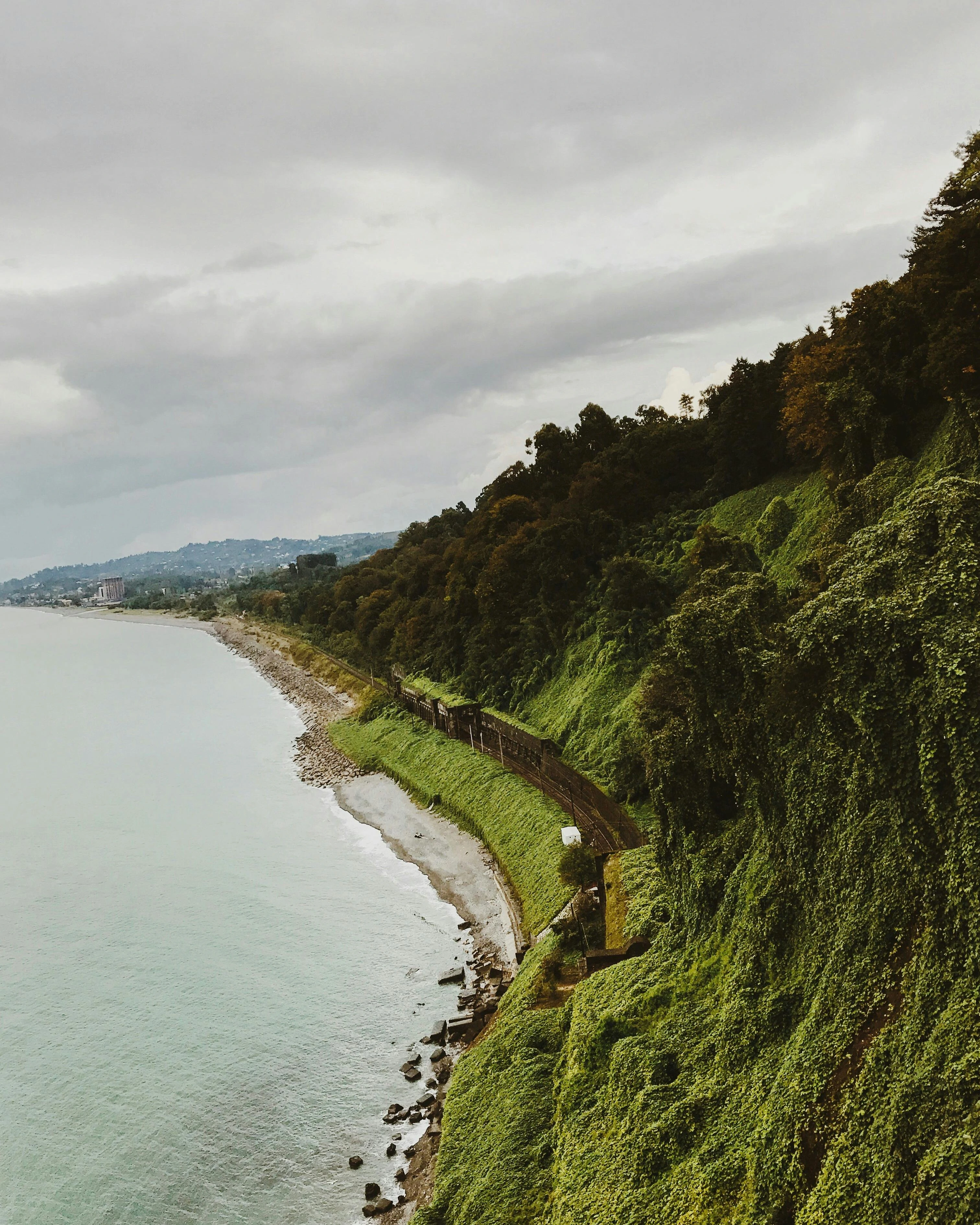 A green hillside meeting the Black Sea in Batumi, Georgia, with a coastal railway running along the lush, tree-covered slopes.