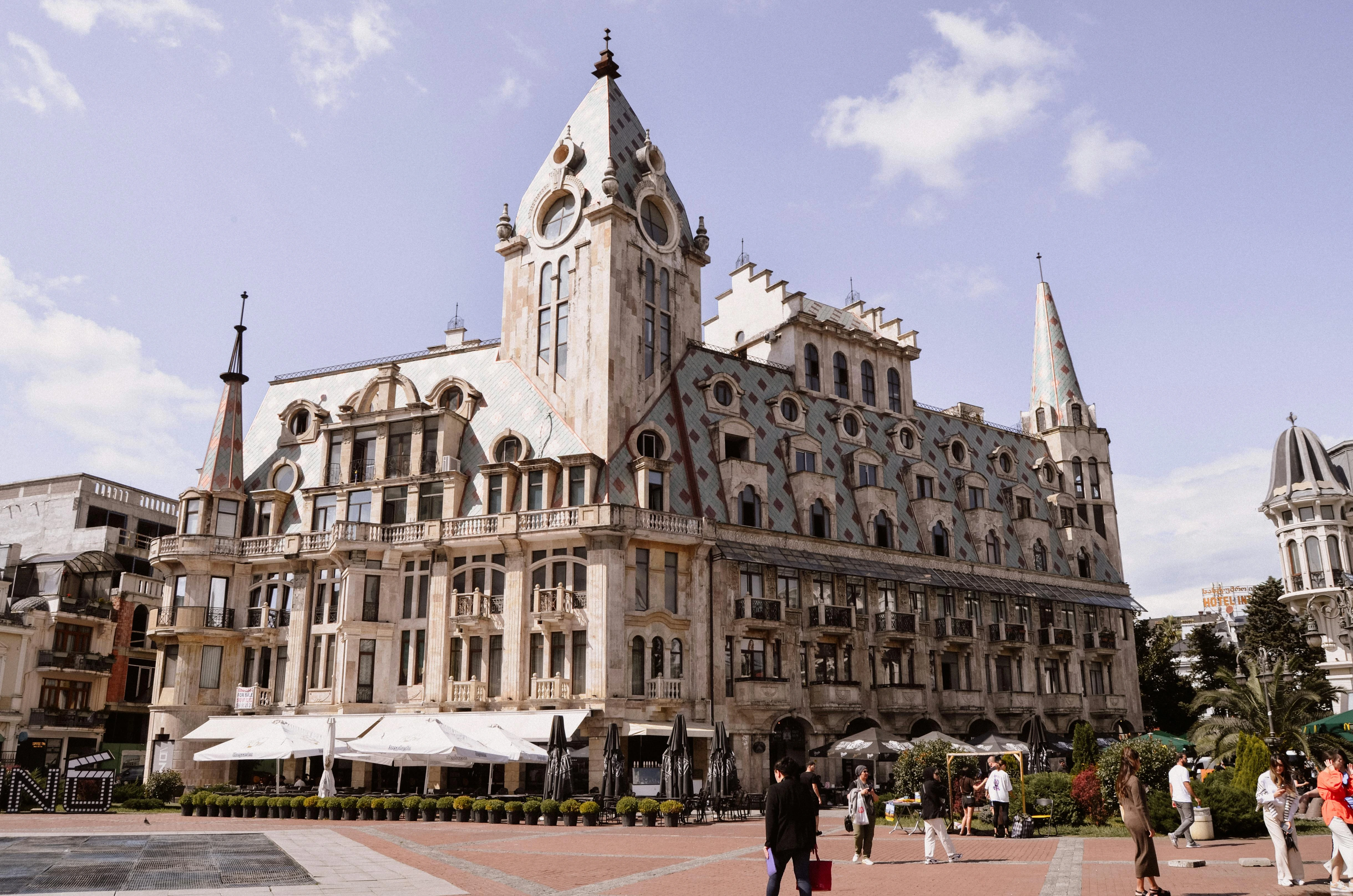 Piazza Square in Batumi, Georgia, featuring European-style architecture with intricate facades and a lively atmosphere.