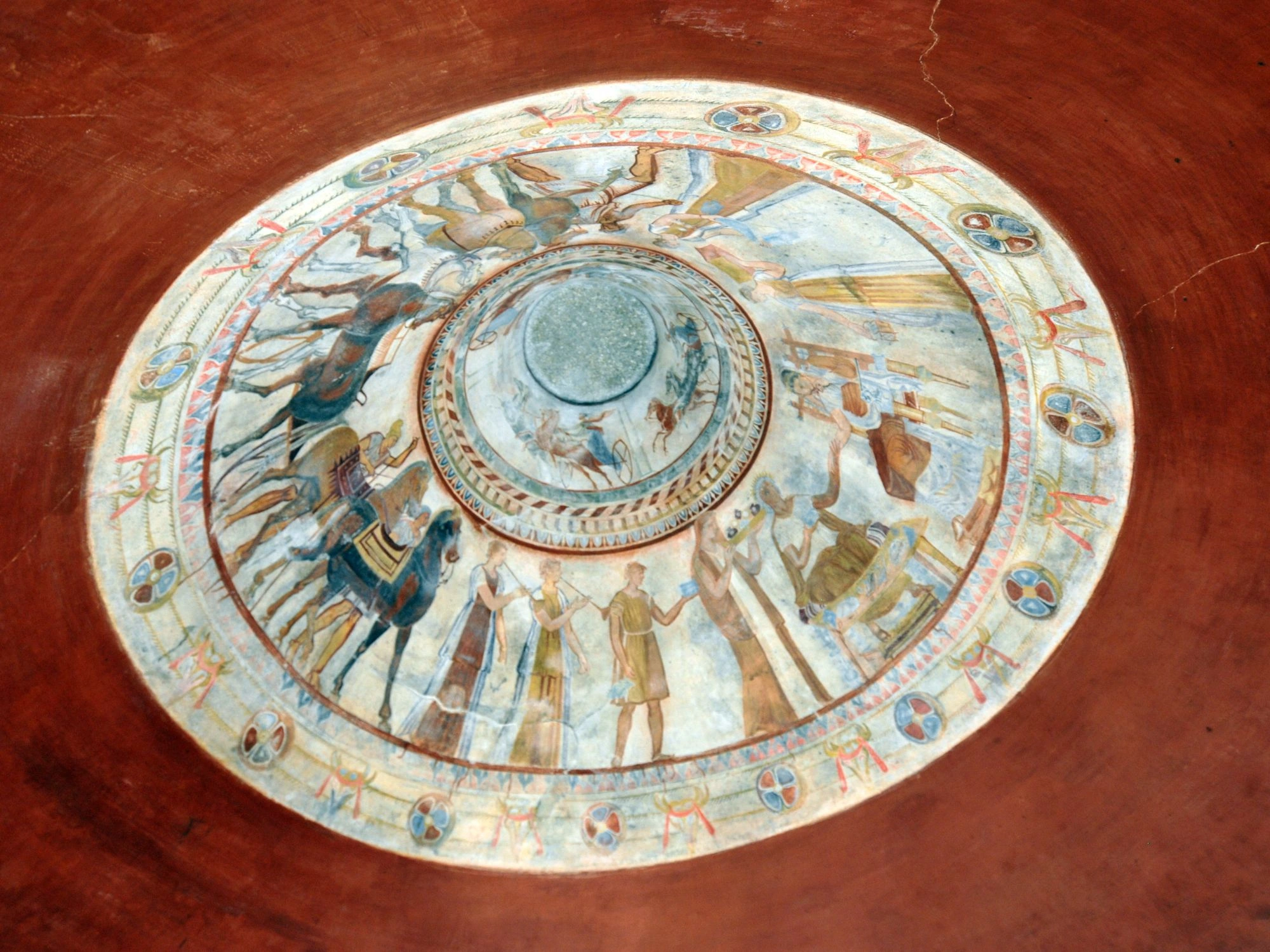 Thracian Tomb Fresco – A circular fresco with horsemen, musicians, and warriors from an ancient Thracian tomb.