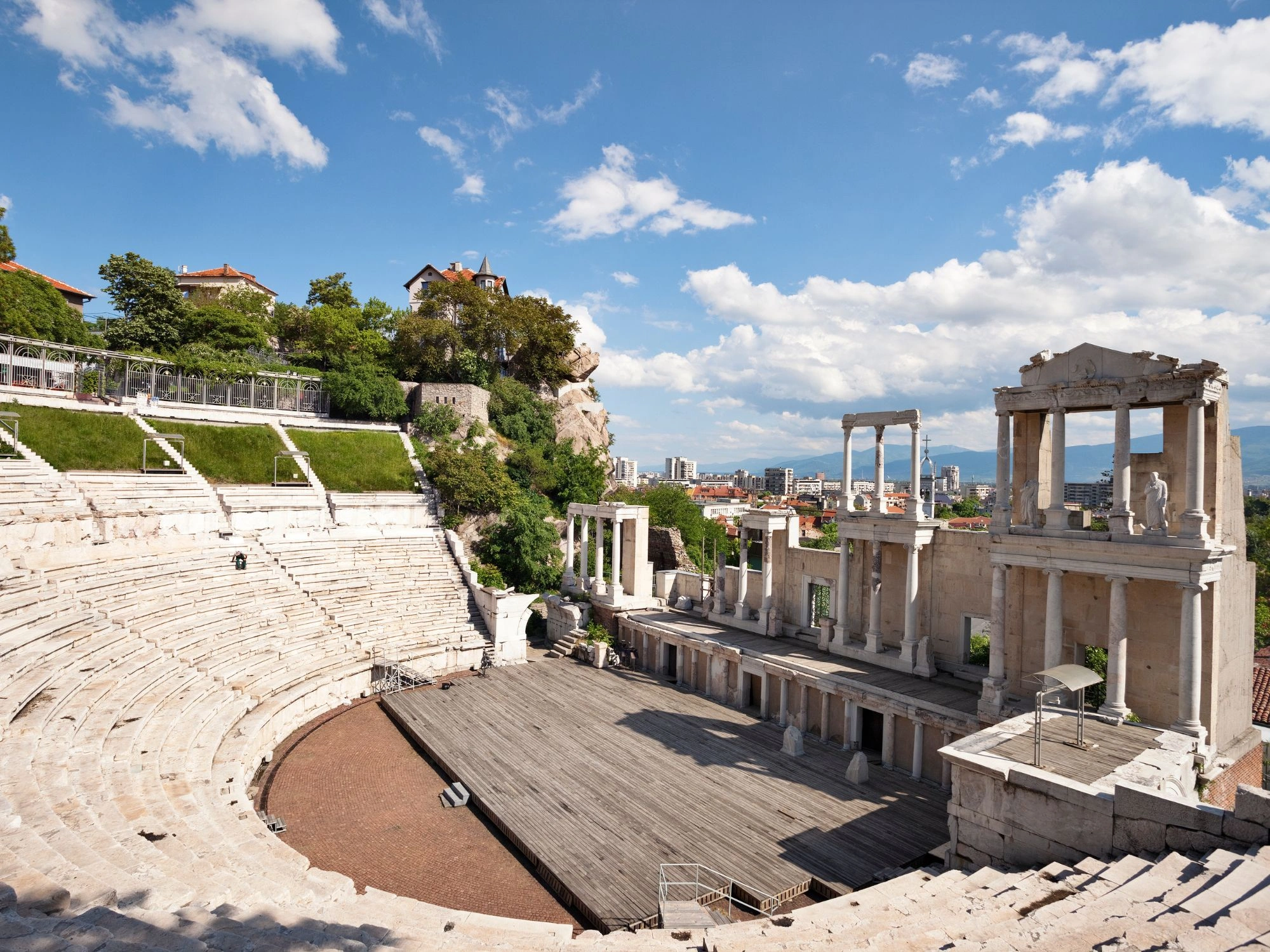 Ancient Roman amphitheater in Plovdiv, Bulgaria with panoramic city views