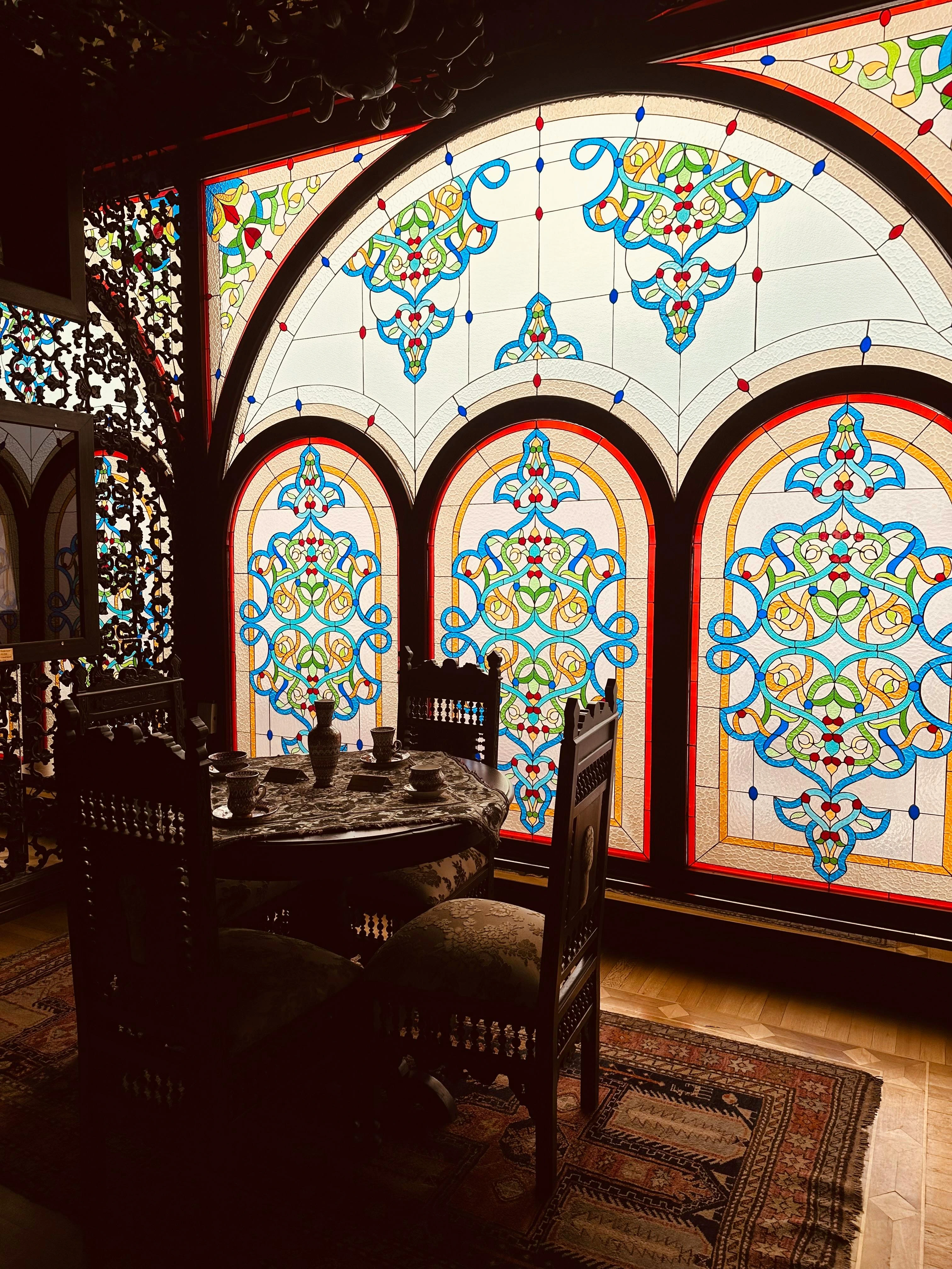 Traditional Shebeke Stained Glass, Azerbaijan - Vibrant stained glass windows with intricate geometric patterns in Azerbaijan.