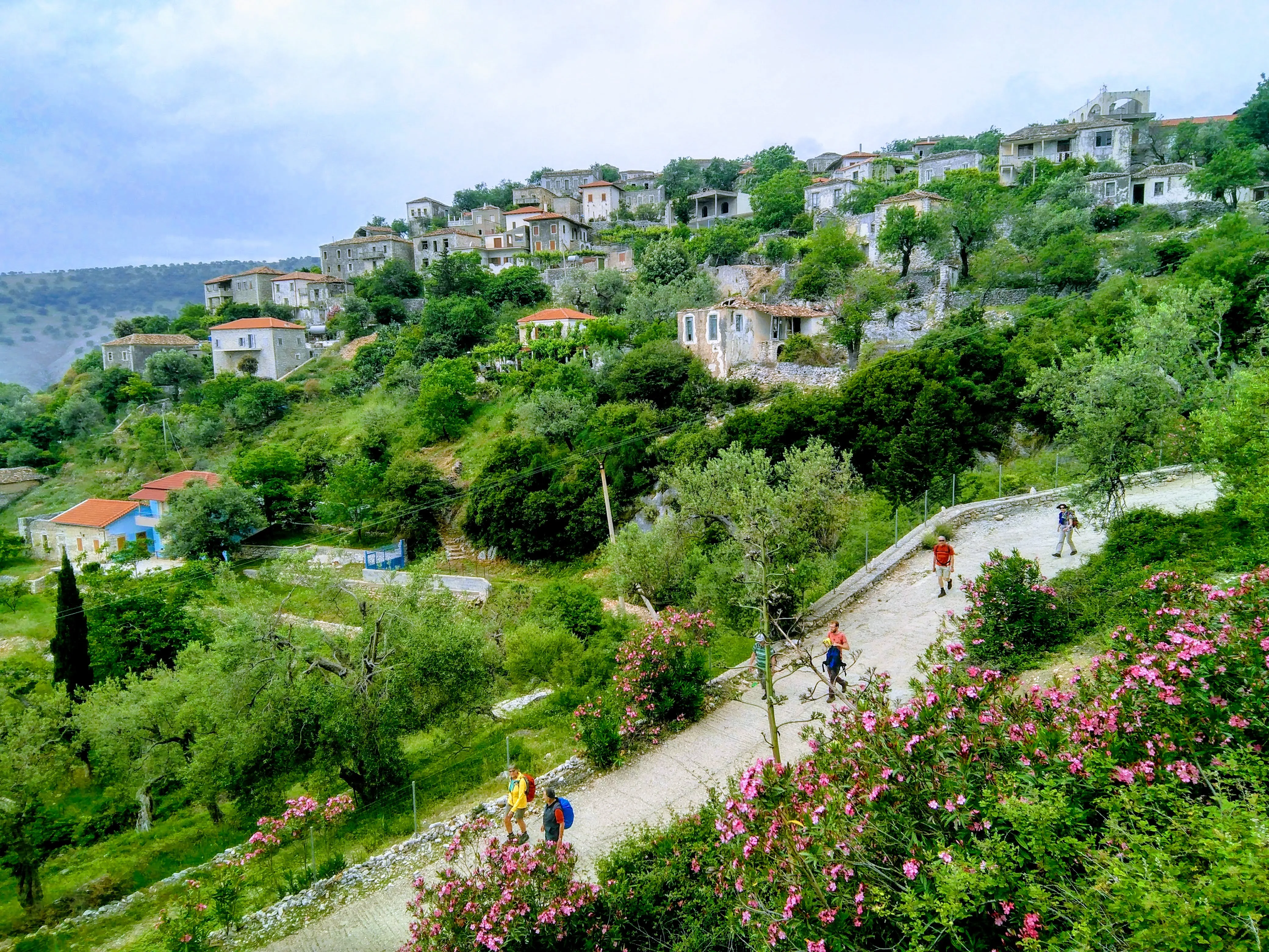 Hikers walking through a lush hillside village with stone houses and colorful flowers in the Albanian countryside.