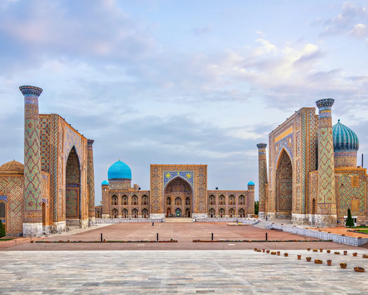 The majestic Registan Ensemble in Samarkand, Uzbekistan, showcasing Islamic architecture.