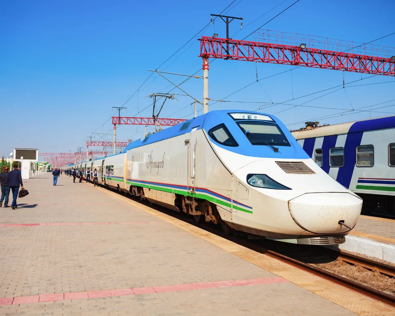 Uzbekistan's high-speed Afrosiyob bullet train at a station platform.