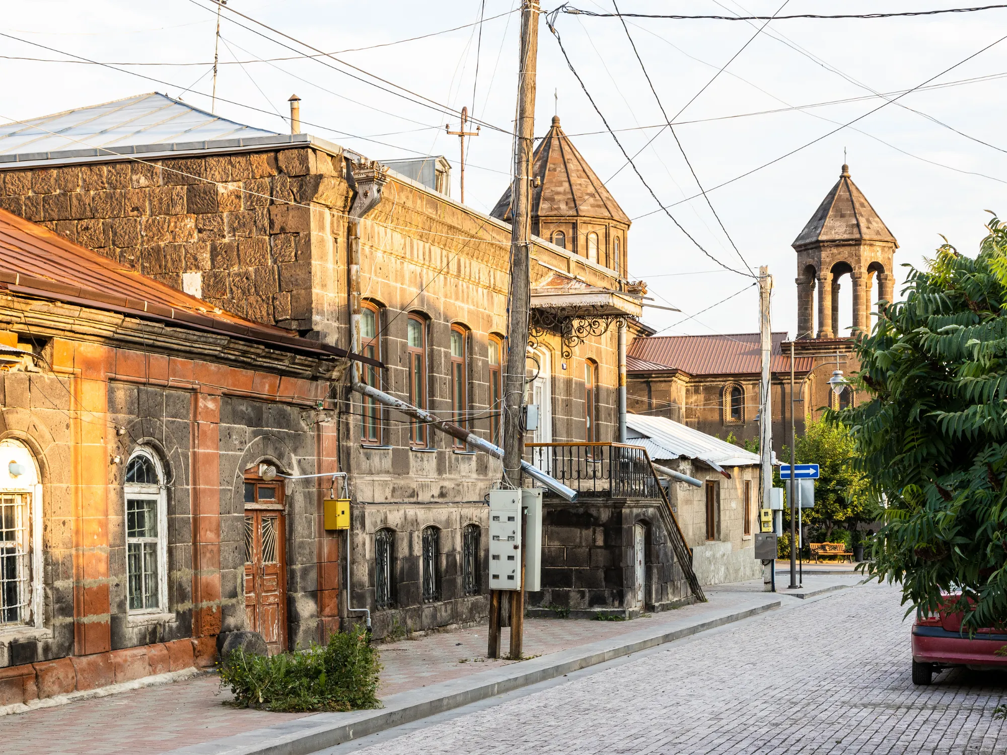 Old stone buildings and cobbled streets in the historic city of Gyumri, Armenia.